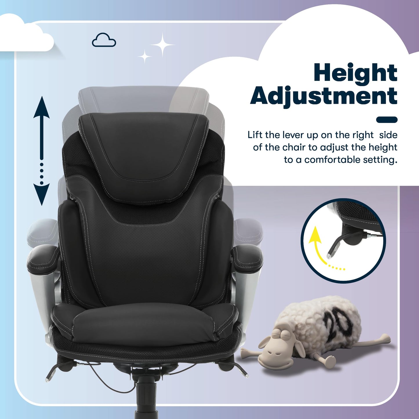 Serta Bryce Executive Office Chair - Ergonomic Computer DeskChair with Lumbar Technology - Adjustable Height - Memory Foam Body Pillows - 360° Swivel Rolling Base - Bonded Leather - Black