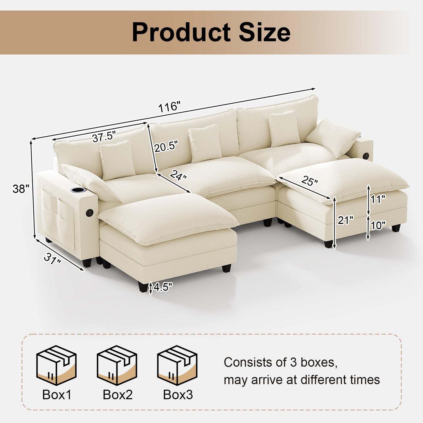 KCGKCG 116" Modular Sectional Sofa, U Shaped Cloud Couch with Movable Ottoman, Chenille Deep Seat Cloud Sofa with Charging Station, Cup Holder, Side Pocket, Sectional Couches for Living Room, Beige