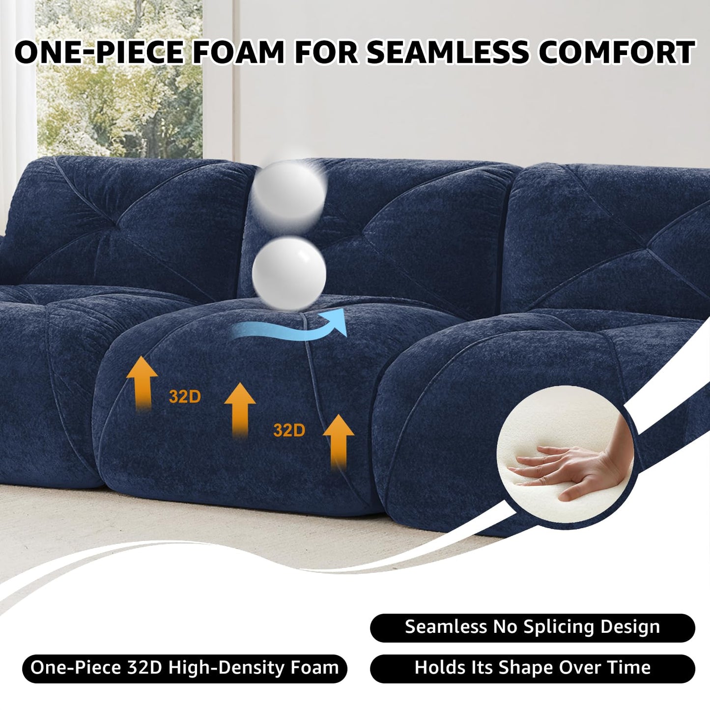 Blue L-Shaped Sectional Couches for Living Room, Velvet Fabric Boneless Couch, No Assembly Cloud Modular Sectional Sofa with 1 Ottoman, Foam Couch Compressed Sofa Set for Apartment, Sofas para Sala