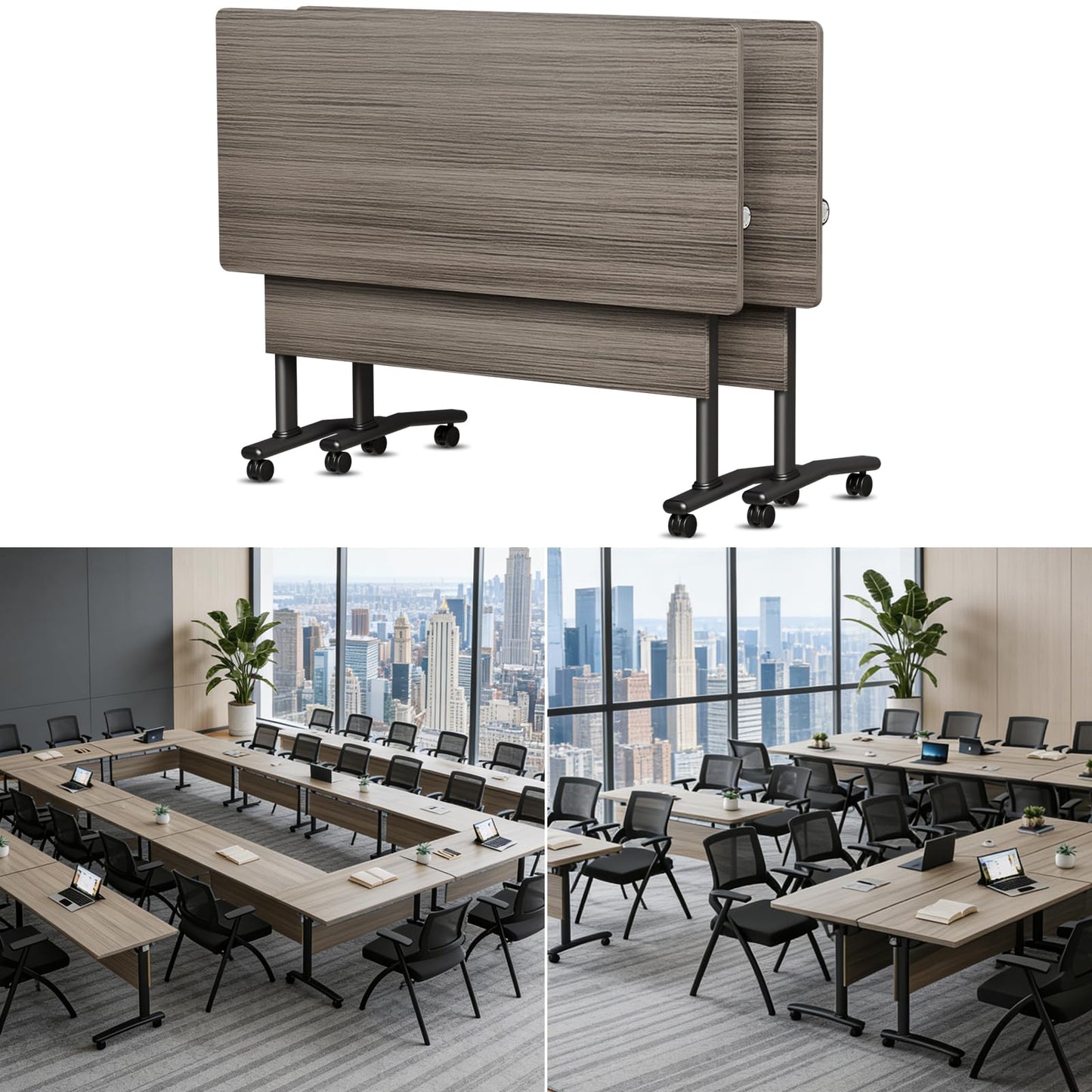 Folding Conference Room Table with Wheels, 6ft Modular Large Mobile Modern Conference Tables Office Meeting Training Table for Classroom(2, Gray, D 55")
