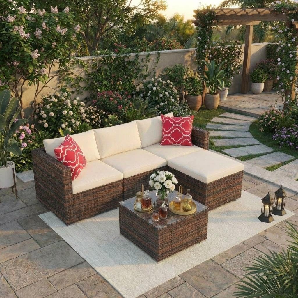 GarveeTech 5 Pieces Patio Furniture Set, All Weather Wicker Rattan Sectional Sofa, Outdoor Patio Furniture Set with Washable Cushions for Garden, Backyard, Porch, Poolside (Brown&Beige) ﻿