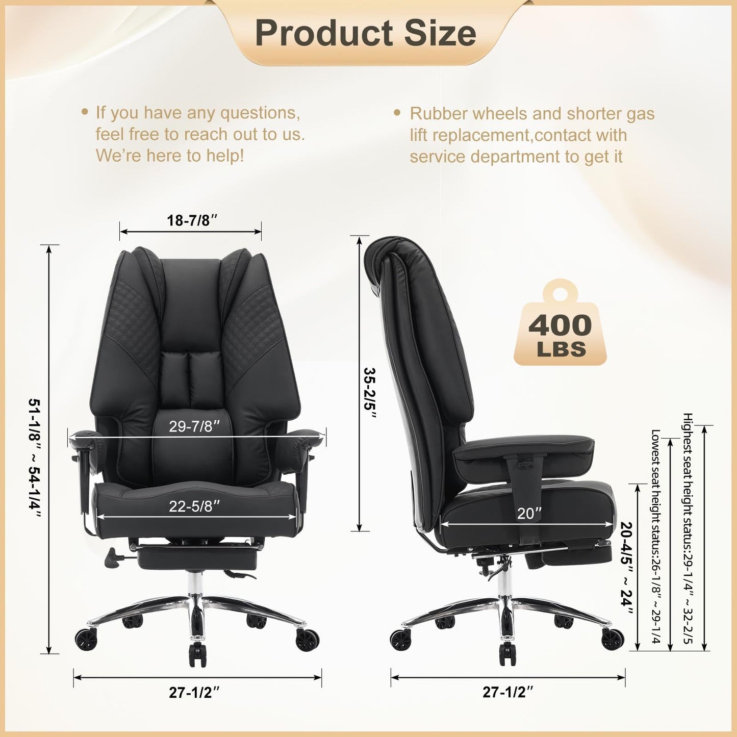 EXCEBET Big and Tall Office Chair 400lbs Wide Seat, Leather High Back Executive Office Chair with Foot Rest, Ergonomic Chairs Lumbar Support for Lower Back Pain Relief (Black)