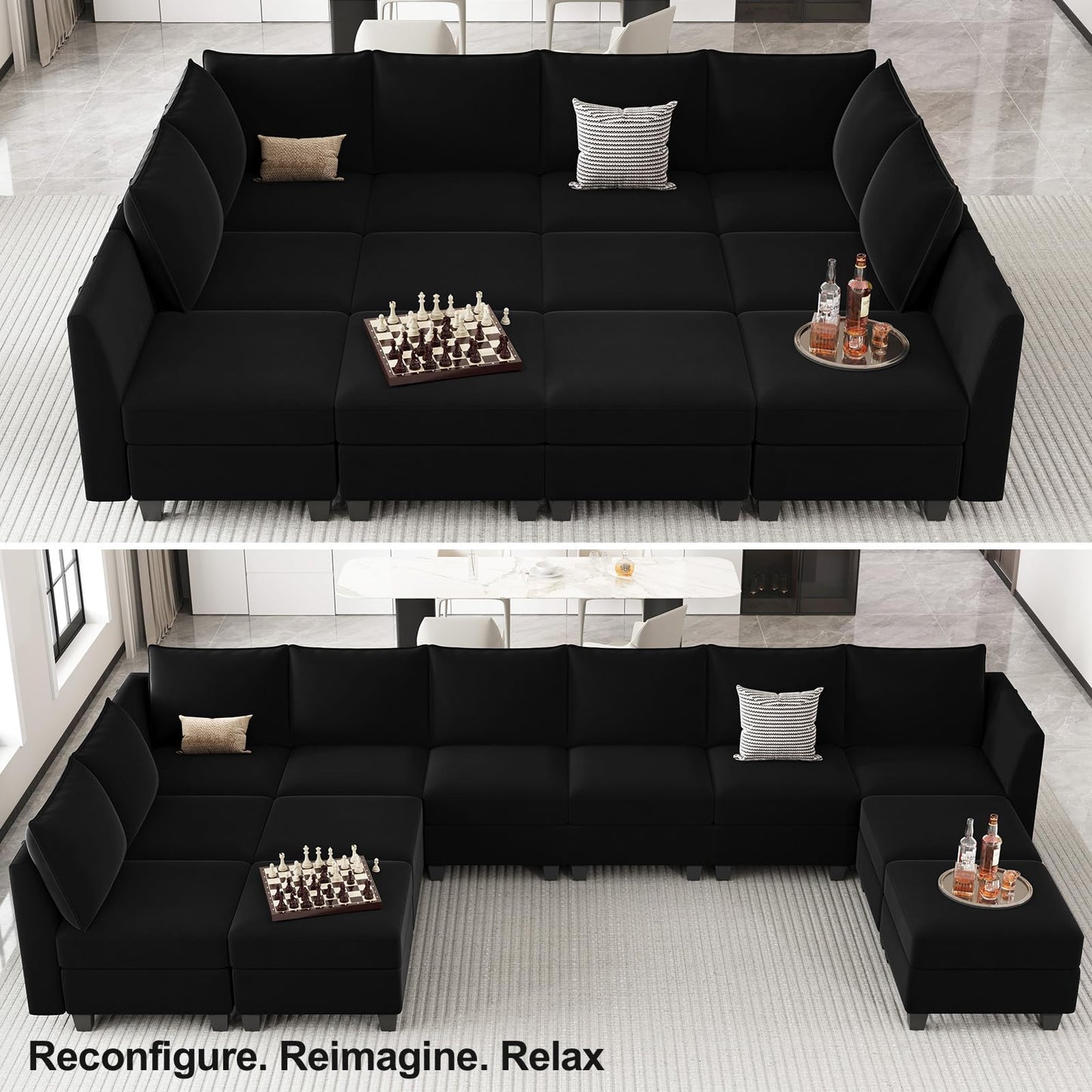 Belffin Oversized Modular Sectional Couch Sleeper Sofa with Storage Velvet Sectional Sofa Bed for Living Room, 12 Seats, Black