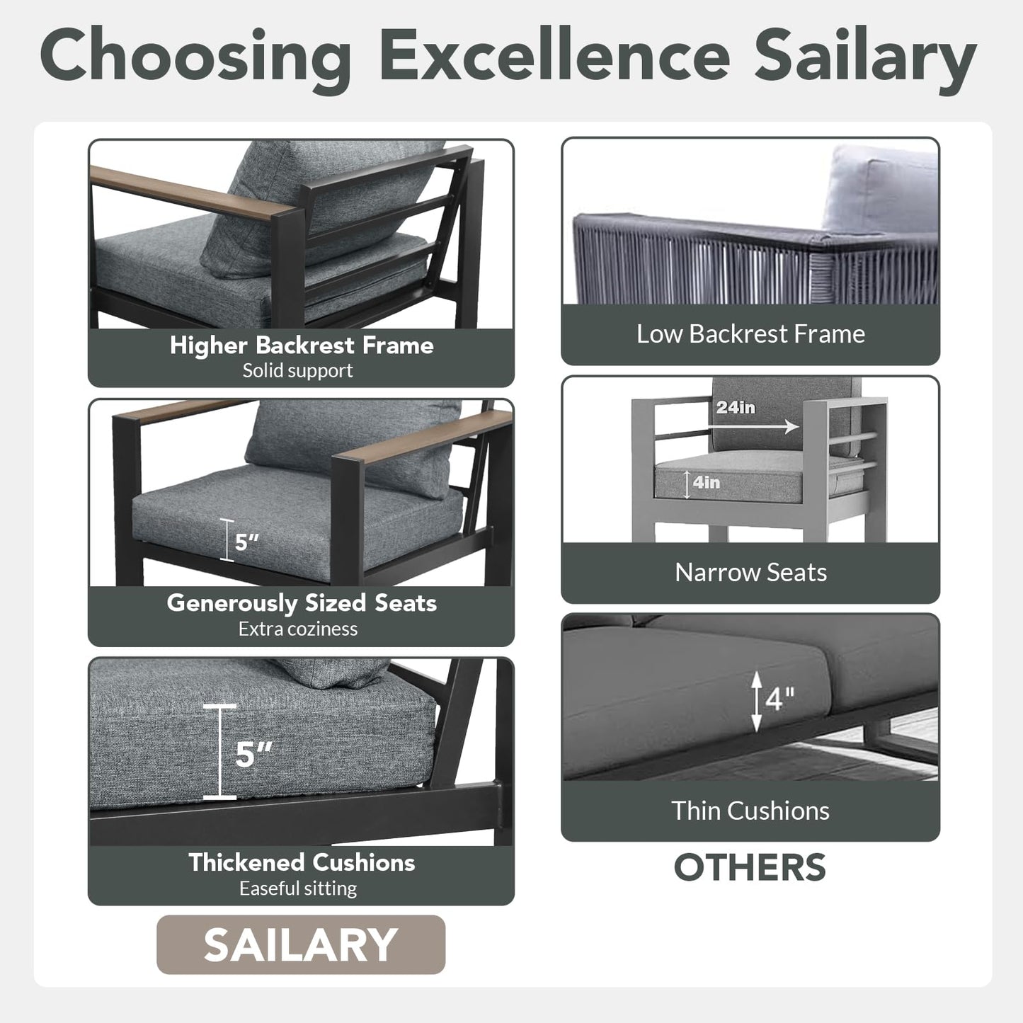 SAILARY Outdoor Patio Furniture Set 7 Pieces Luxury Aluminum Patio Conversation Set with Coffee Table and 2 Ottoman 9 Seats, Thick Cushions, Large Sectional Sofa for Porch, Balcony, Deck, Yard, Gray