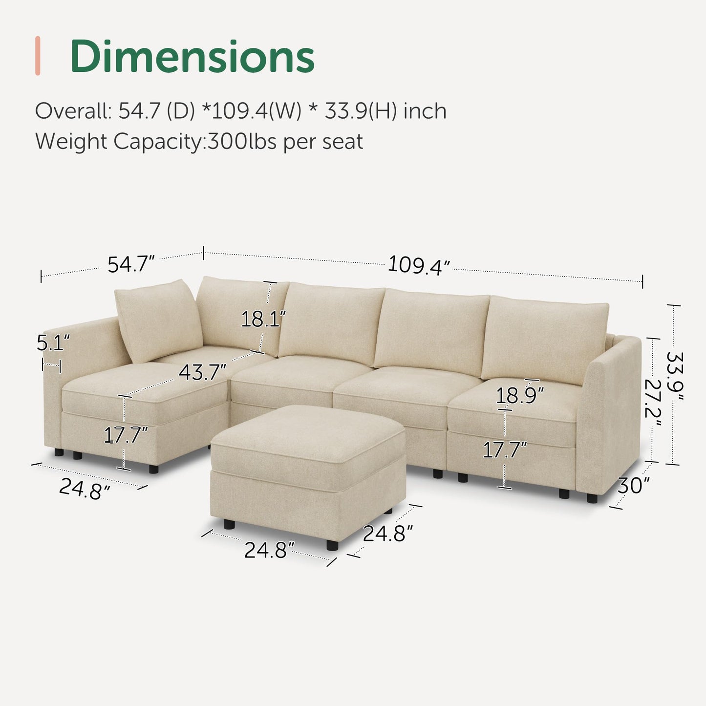 HONBAY Modular Sectional Couch L Shaped Sectional Sofa with Storage, Convertible Couches for Living Room - Beige