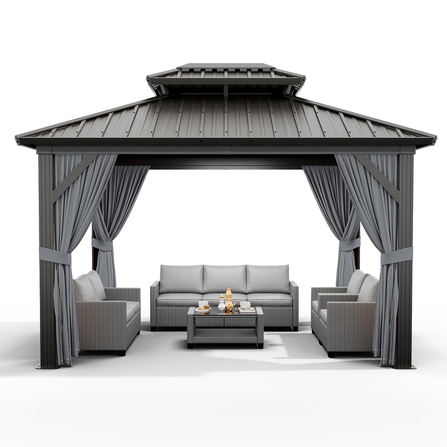 12'x10' Hardtop Gazebo, Heavy Duty Aluminum Permanent Hardtop Gazebo Outdoor Pavilion with Curtains and Netting for Garden