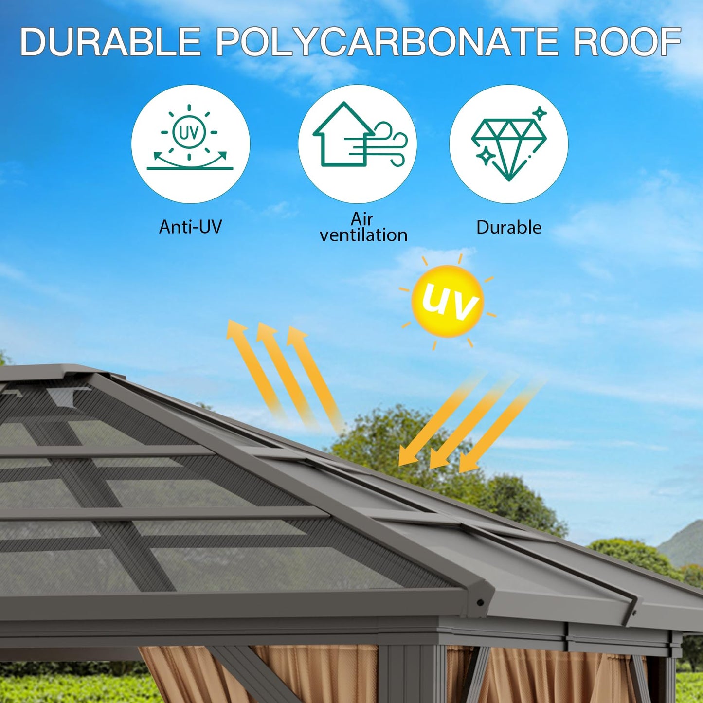 GAOMON 10'x12' Hardtop Gazebo, Outdoor Polycarbonate Double Roof Canopy, Aluminum Frame Permanent Pavilion with Curtains and Netting, Sunshade for Garden, Patio, Lawns (10x12ft), Brown