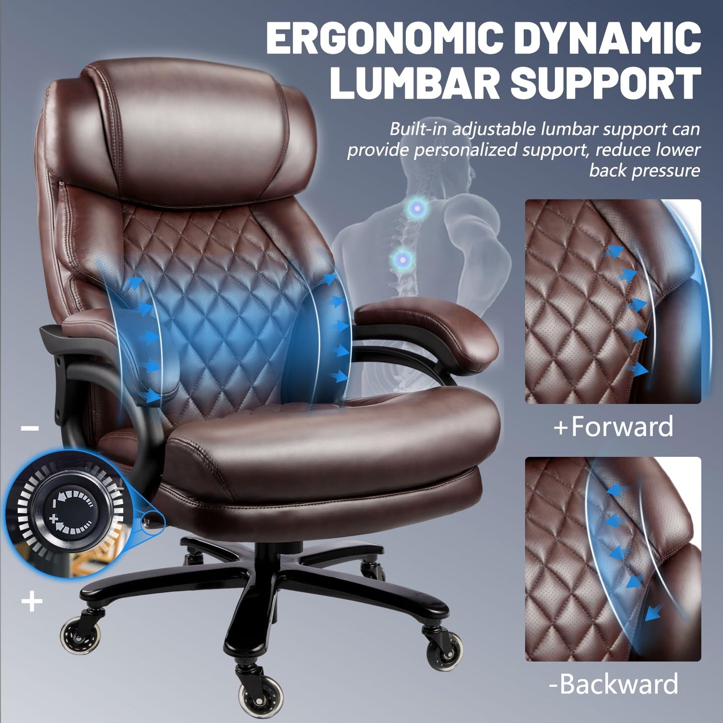 800LBS Big and Tall Office Chair for Heavy People, Heavy Duty Executive Chair with High Back, Extra Wide Seat and Adjustable Lumbar, Large Computer Desk Chair Comfortable for Home Office (Brown)