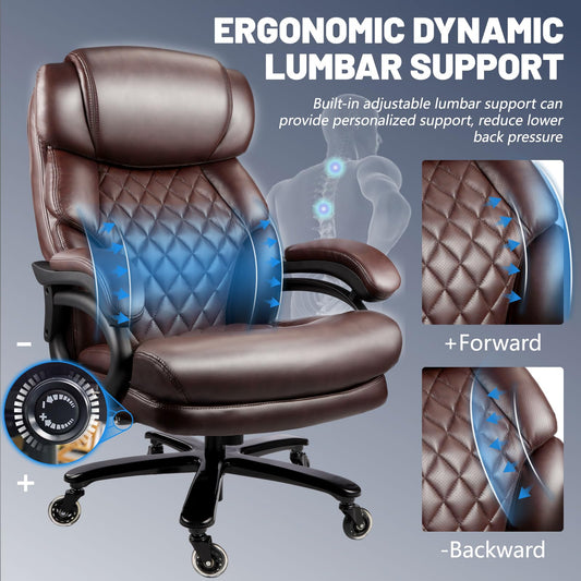800LBS Big and Tall Office Chair for Heavy People, Heavy Duty Executive Chair with High Back, Extra Wide Seat and Adjustable Lumbar, Large Computer Desk Chair Comfortable for Home Office (Brown)