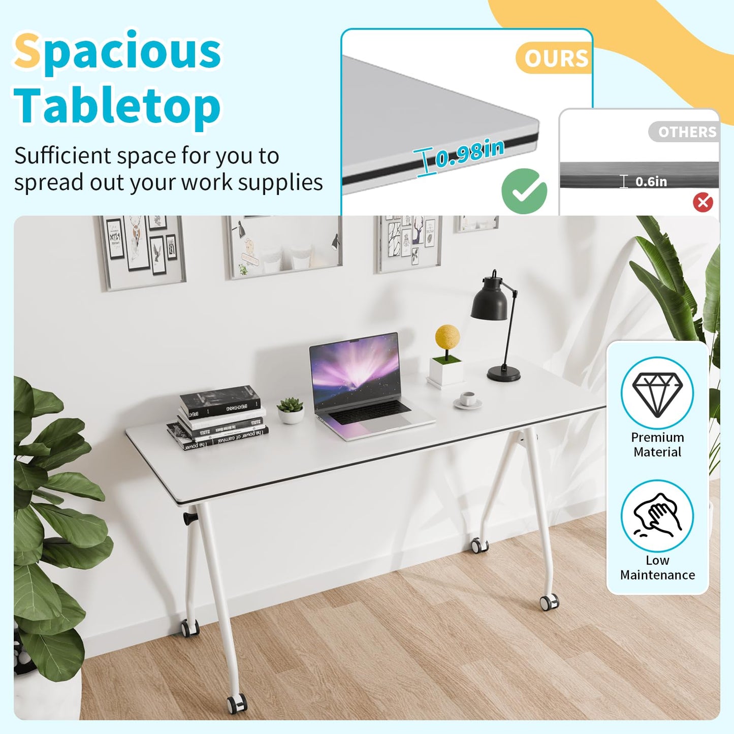 Conference Table with Wheels, Folding Conference Table with Knob & 4 Brake Casters, Modular Flip Top Mobile Conference Room Table for Office, Meeting, Training Room, Class (6, White, 55.1in)