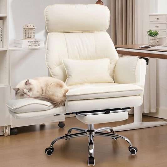 EGSEAT Big and Tall Office Chair with Flip Armrests, Cross Legged Office Chair with Storage Pockets, Comfortable Reclining Computer Chair with Footrest, Wide Home Office Desk Chair, Leather, Beige