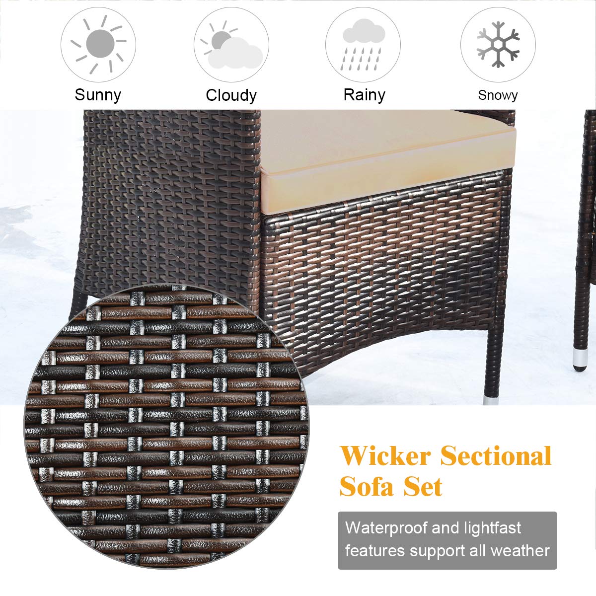 COSTWAY 8PCS Rattan Patio Furniture Set, Outdoor Wicker Rattan Chairs with Coffee Table, Rattan Cushioned Conversation Set for Backyard Balcony Porch Poolside, Brown