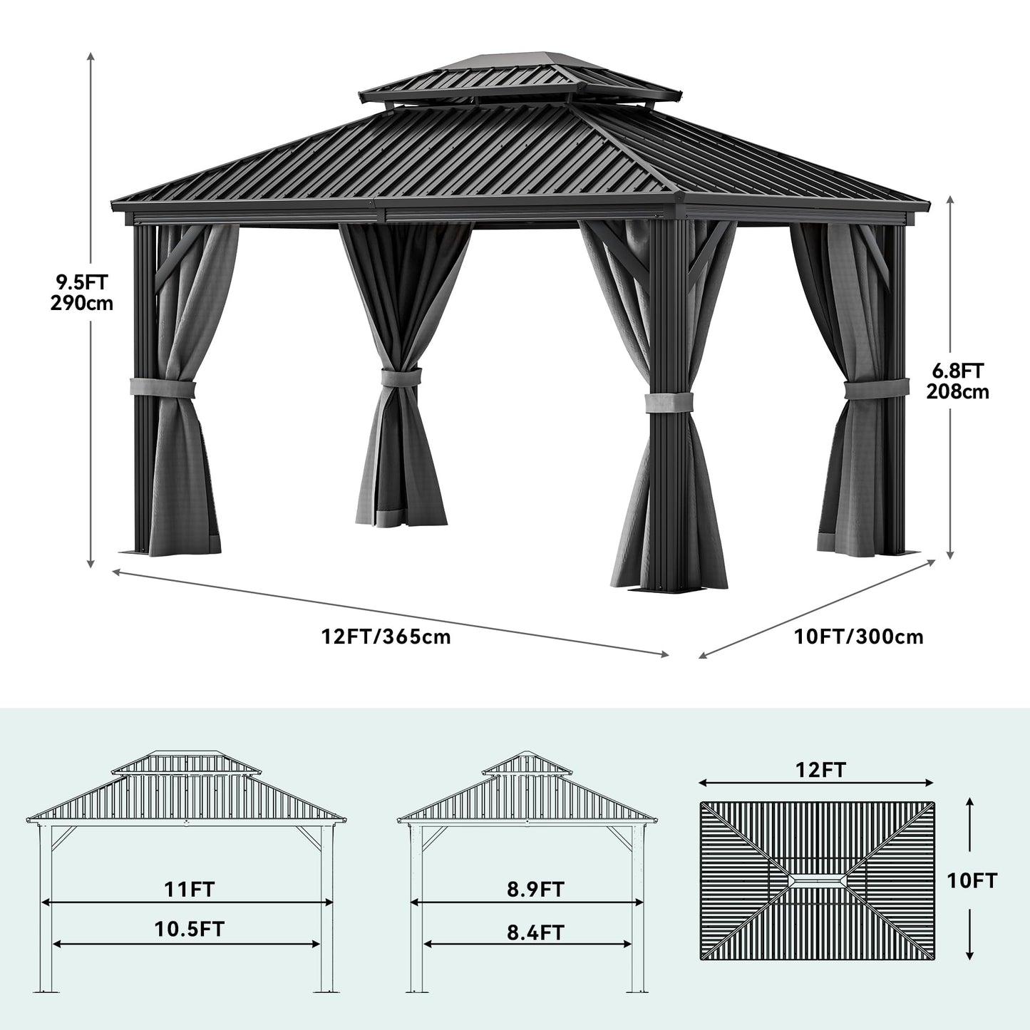 YITAHOME 10X12FT Gazebo Hard Top Patios Aluminum Frame Double Roof Canopy Garden Metal Gazebo Tent Curtains Netting for Patios Backyards Decks Lawns, Gray