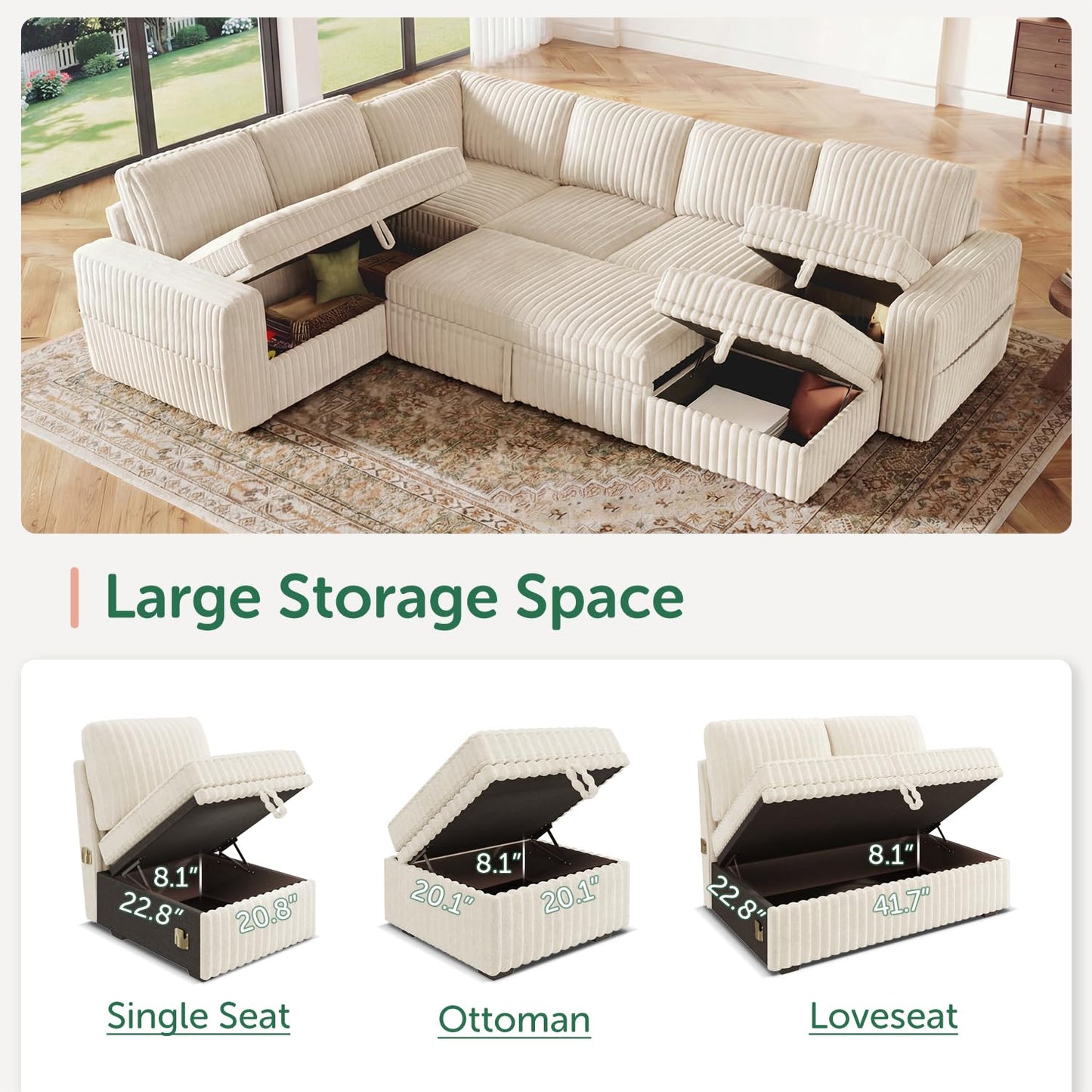 HONBAY Modular Sectional Sleeper Sofa with Pull Out Bed,Corduroy U Shaped Couch with Storage, Sectional Couches for Living Room,Beige