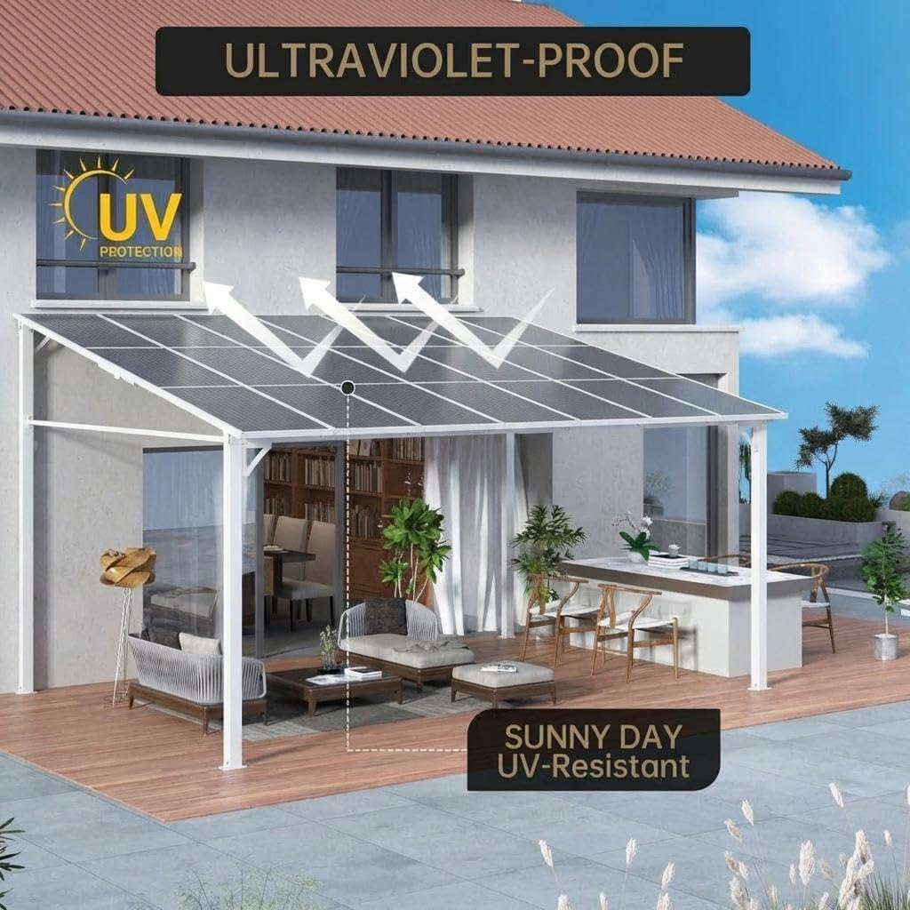 10'X20' Hardtop Wall Mounted Gazebo with Gutters & Galvanized Steel Roof, 60MPH Wind Resistance, Lean to Gazebo Pergola with Sloped Roof for Deck, Porch, Backyard and More, White