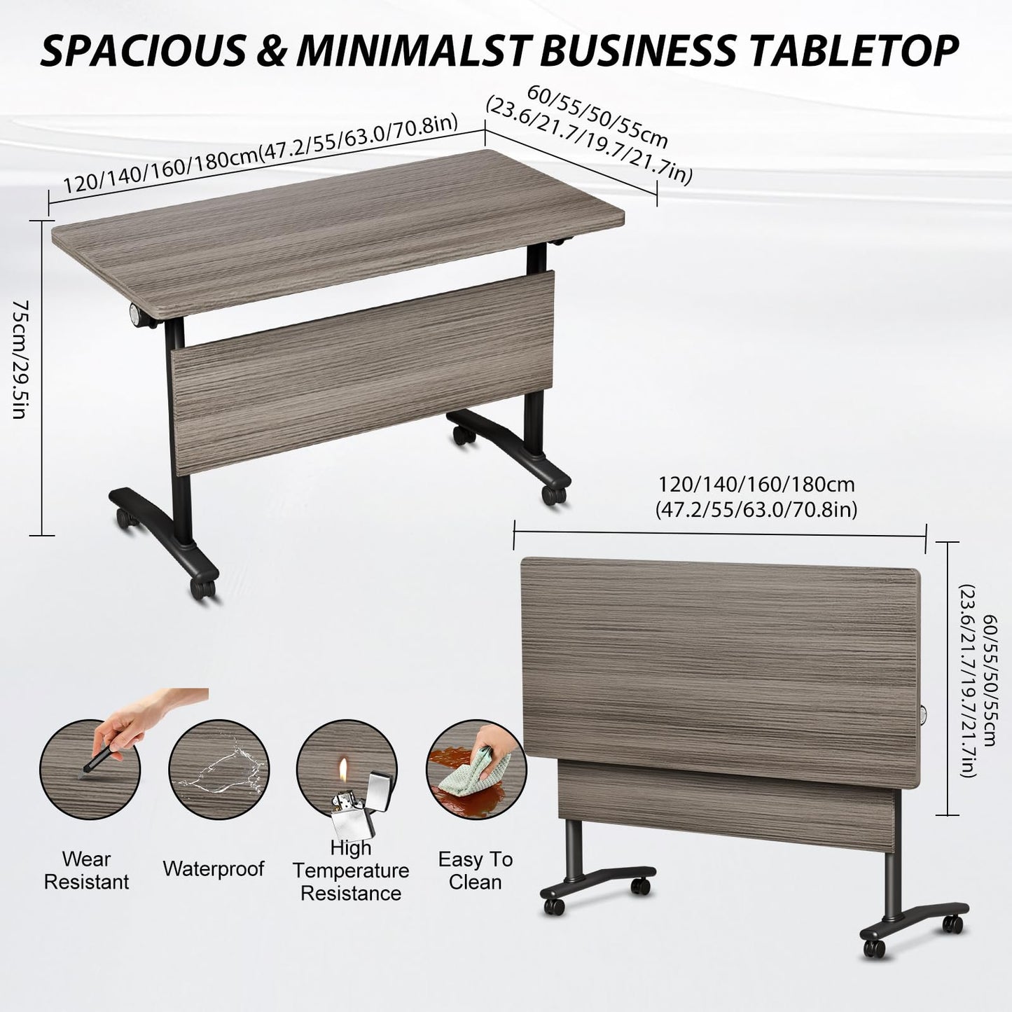 Folding Conference Room Table with Wheels, 6ft Modular Large Mobile Modern Conference Tables Office Meeting Training Table for Classroom(10, Gray, D 55")