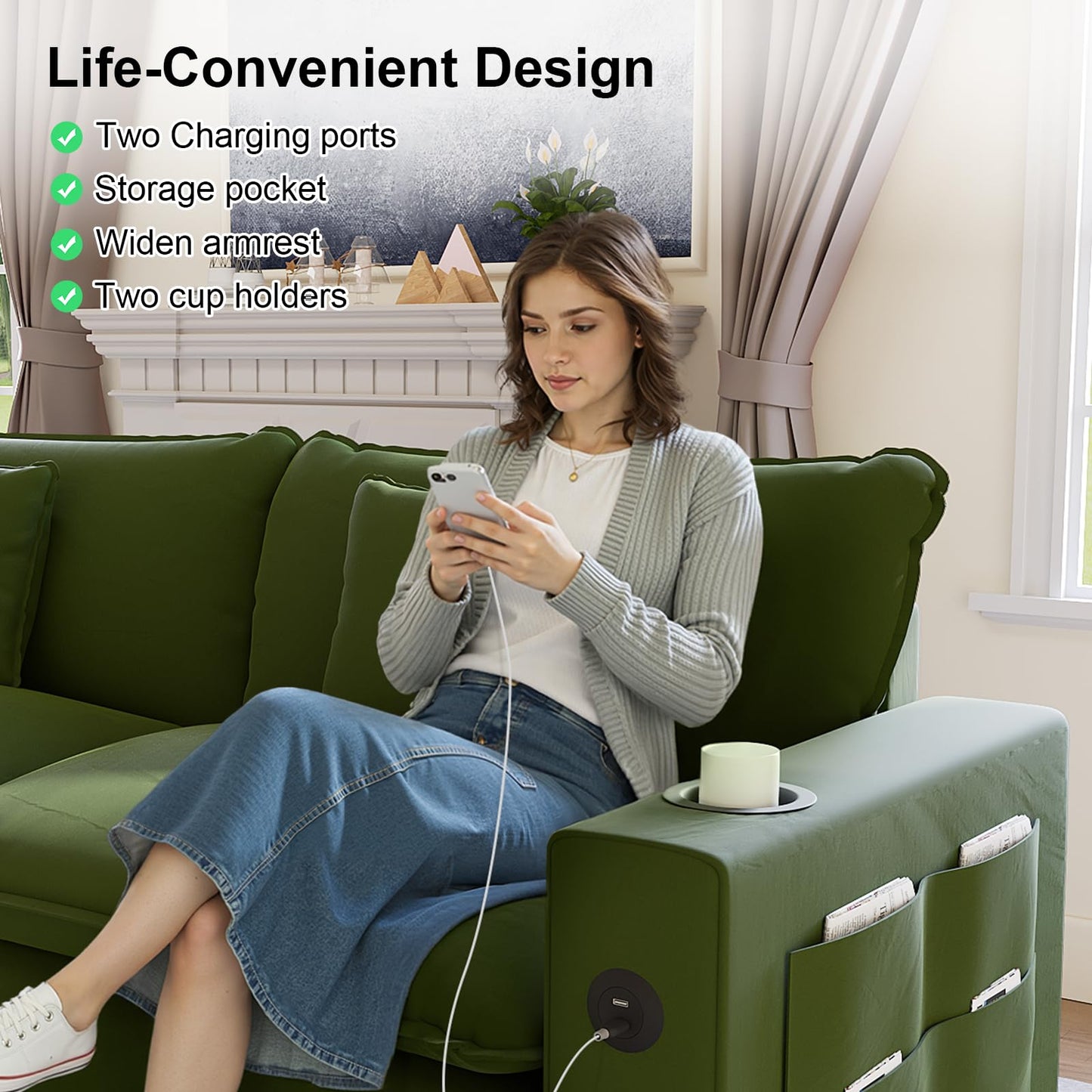 KCGKCG 116" Modular Sectional Sofa, U Shaped Cloud Couch with Movable Ottoman, Chenille Deep Seat Cloud Sofa with Charging Station, Cup Holder, Side Pocket, Sectional Couches for Living Room, Green