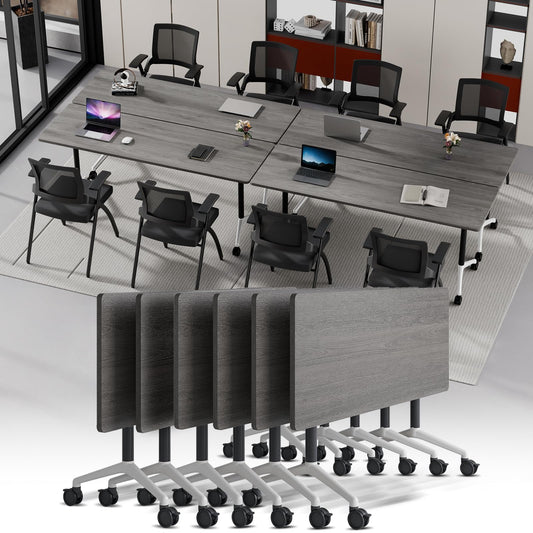 Modular Folding Conference Table with Wheels,6 Pack Mobile Conference Room Tables,Filp Top Rolling Meeting Training Tables for Office,Classroom,Library,Seminar,Boardroom,school(6pack,Grey,47in)