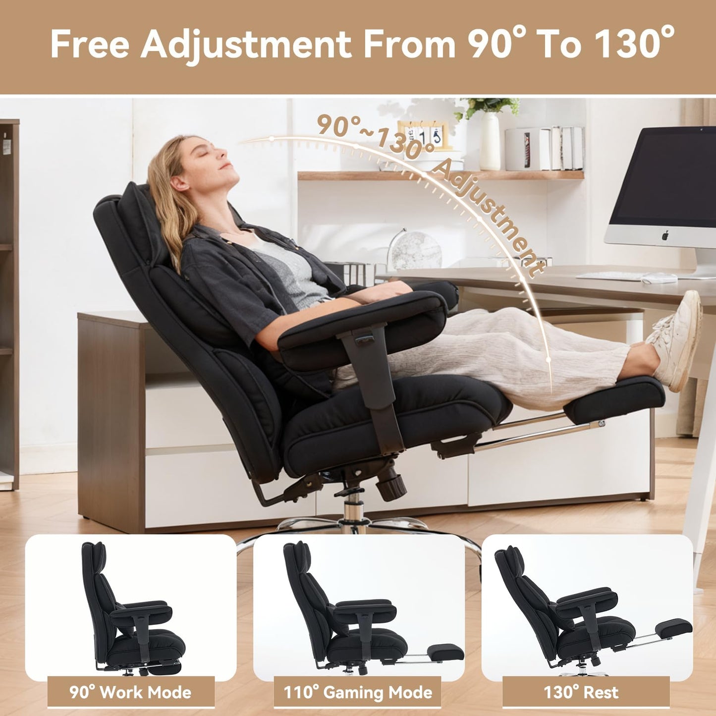 Efomao Big and Tall Office Chair with Footrest - Breathable Mesh Executive Chair, Heavy Duty Computer Desk Chair for Home Office, Ergonomic Lumbar Support & Reclining Mesh Gaming Chair, Black