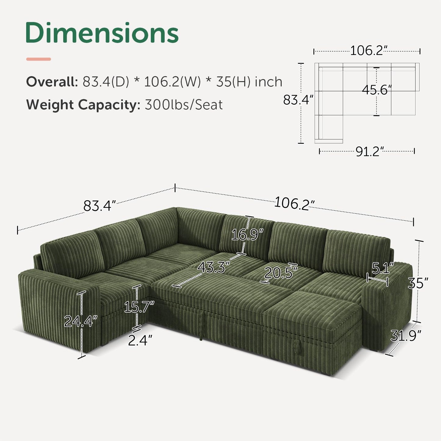 HONBAY Modular Sectional Sleeper Sofa with Pull Out Bed,Corduroy U Shaped Couch with Storage, Sectional Couches for Living Room,Green