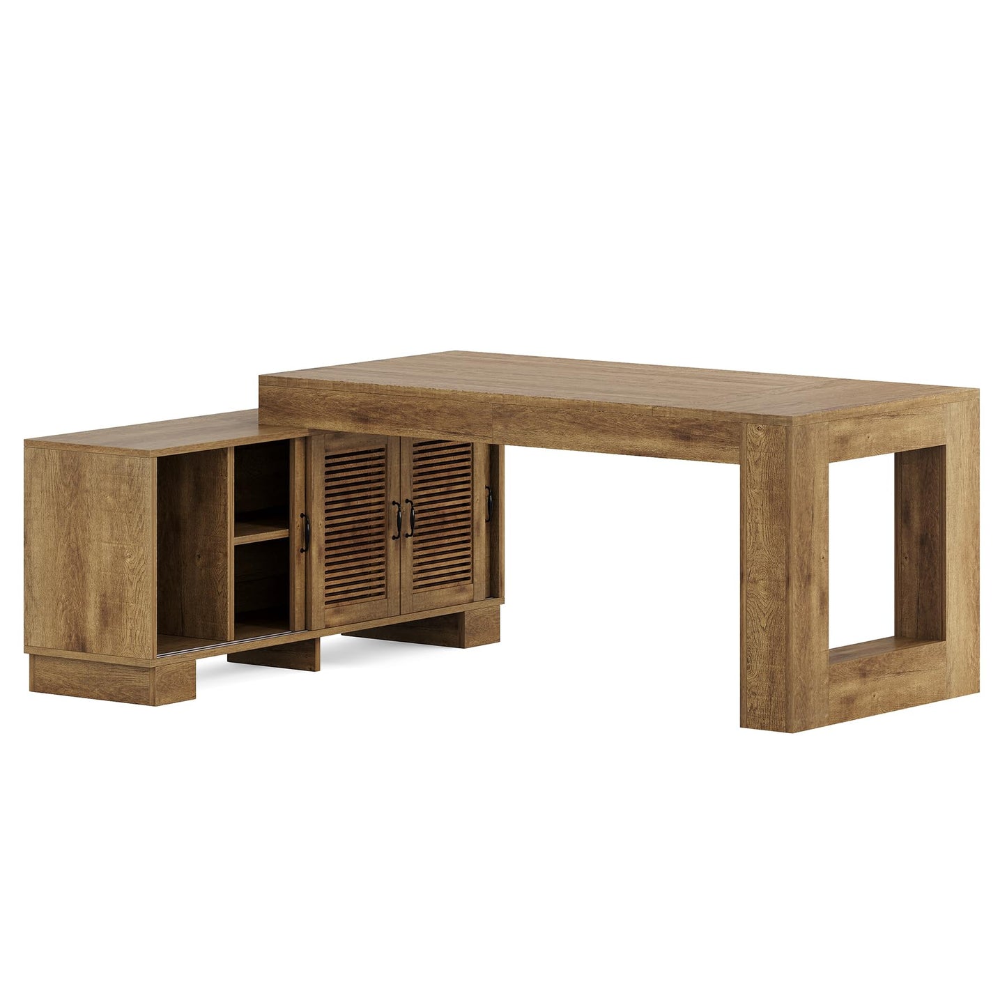LITTLE TREE 63" L Shaped Executive Desk with Storage, Farmhouse Home Office Desk with 2-Tier Cabinets and Shelves, Large Wooden Computer Table Business Furniture Workstation Set, Brown