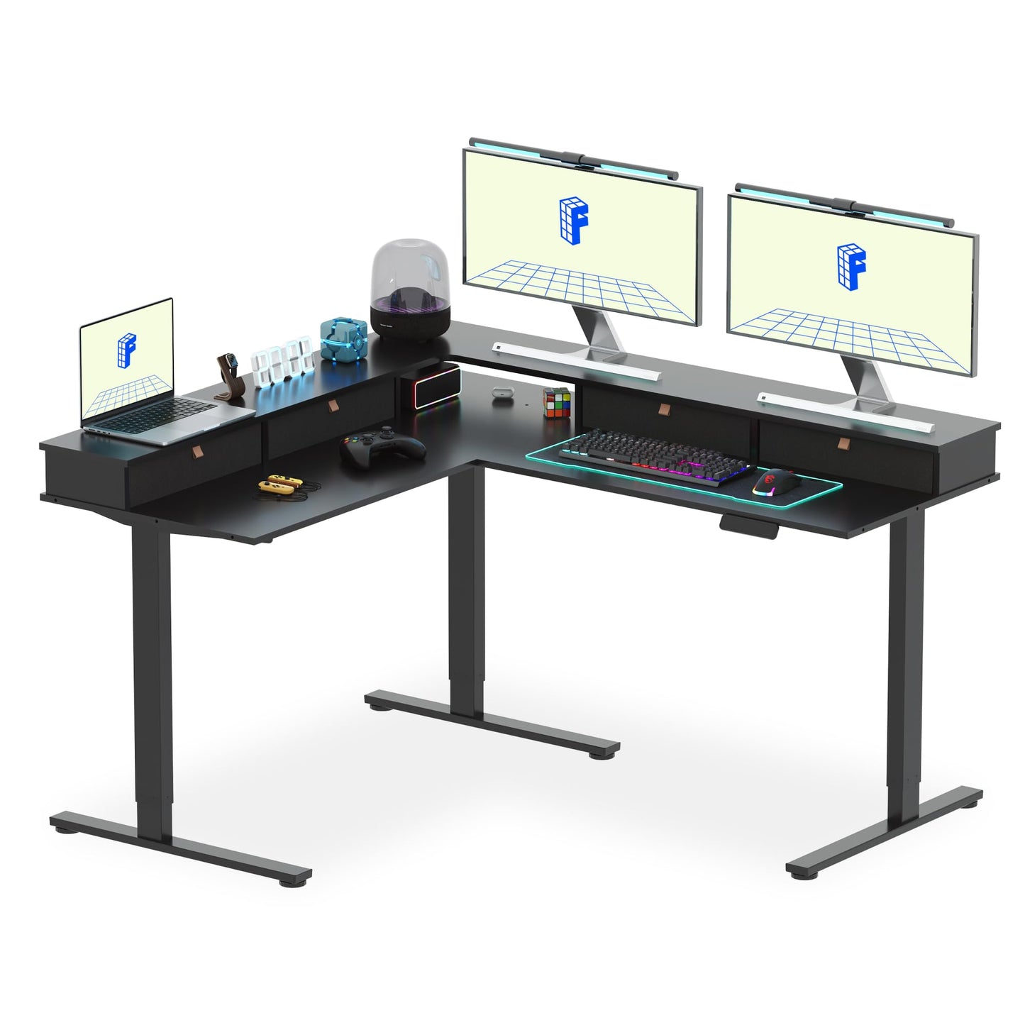 FLEXISPOT 63" L Shaped Standing Desk Electric Corner Table with Monitor Shelf, 4 Storage Drawers, Adjustable Computer Workstation for Home, Office, Game, Studio, Black Top + Black Frame