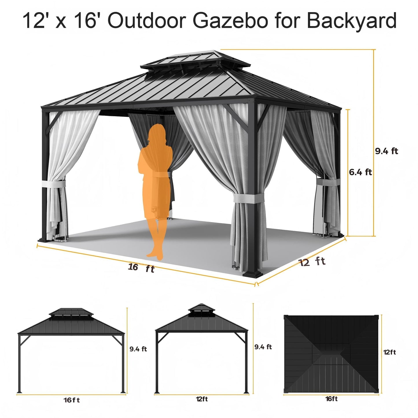 IRONCK 16'x12' Hardtop Gazebo, Update Aluminum Frame Gazebo with Galvanized Steel Double Roof, Outdoor Pergola with Curtain and Net, Backyard Canopy for Garden, Deck, Gray and Black