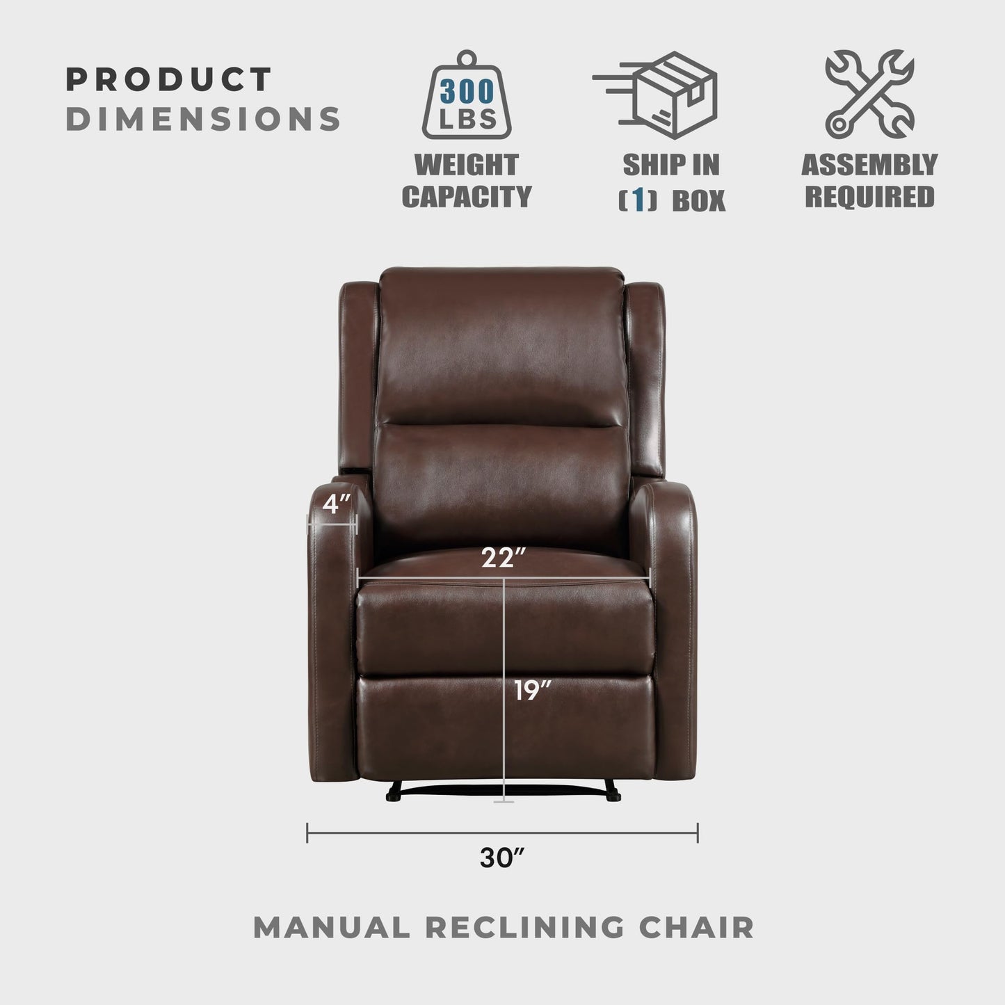 Lexicon Manual Recliner Chair, Reclining Sofa Chair, Home Theater Seating, Wall Hugger, Manual Recliner for Living Room/Office/Apartment, Easy Assembly, Brown Faux Leather