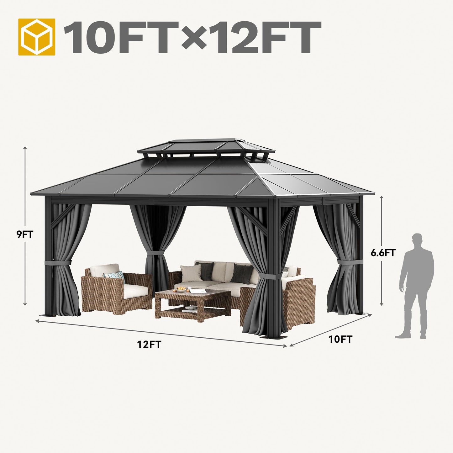 DWVO 10x12ft Gazebo Hardtop Double Roof Polycarbonate Canopy Outdoor with Netting and Shaded Curtains, Metal Frame Garden Tent for Patio, Backyard, Deck and Lawns, Gray