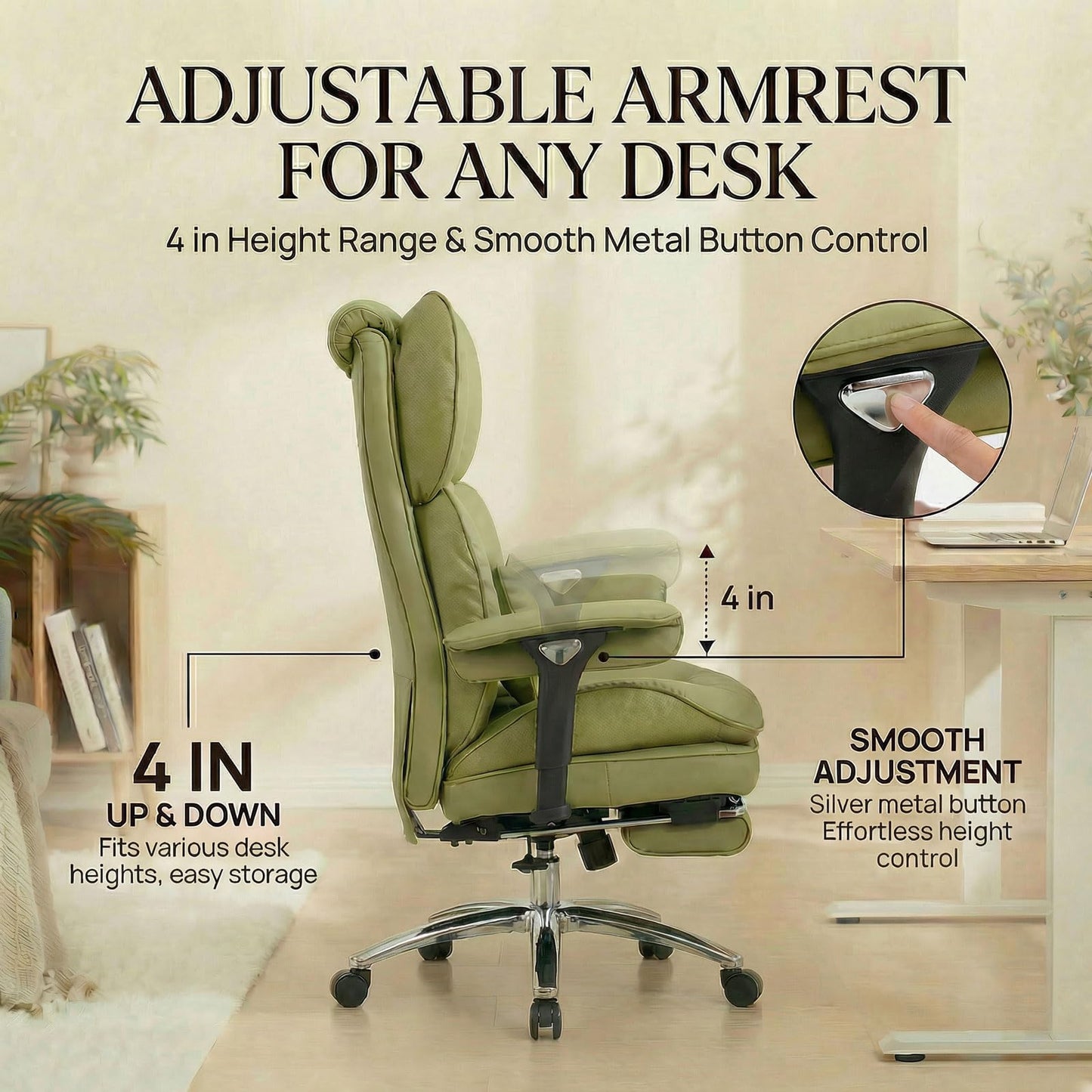 Efomao Big & Tall Executive Office Chair with Footrest - 400lbs Heavy Duty High Back PU Leather Desk Chair, Modern Ergonomic Reclining Computer Chair, Green