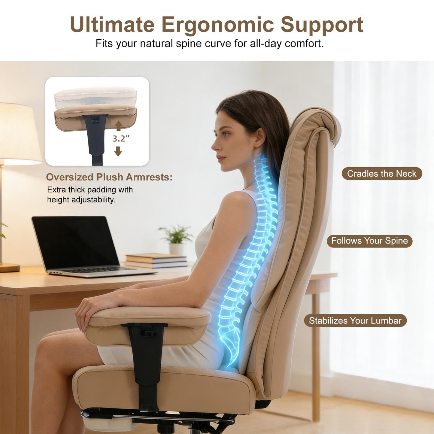 EXCEBET Big and Tall Office Chair 400lbs Wide Seat, Leather High Back Executive Office Chair with Foot Rest, Ergonomic Chairs Lumbar Support for Lower Back Pain Relief, All-Day Comfort (Brown)