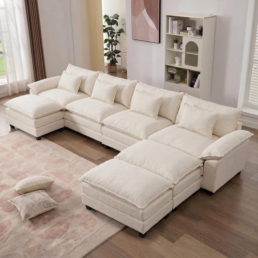 IPKIG 154" Modular Sectional Sofa, Chenille C-Shaped Sectional Couch Comfy Upholstered Seat Sofa with Ottoman, Deep Seat Cloud Couch Sofa for Living Room, Beige