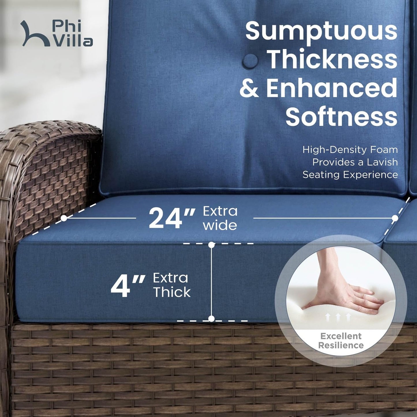 PHI VILLA Patio Furniture Set, 6 Pieces Wicker Outdoor Conversation Set with 2 High Back Patio Swivel Chairs, 3-Seat Rattan Patio Sofa Couch, 2 Muti-Functional Ottomans (Navy Blue Cushions)