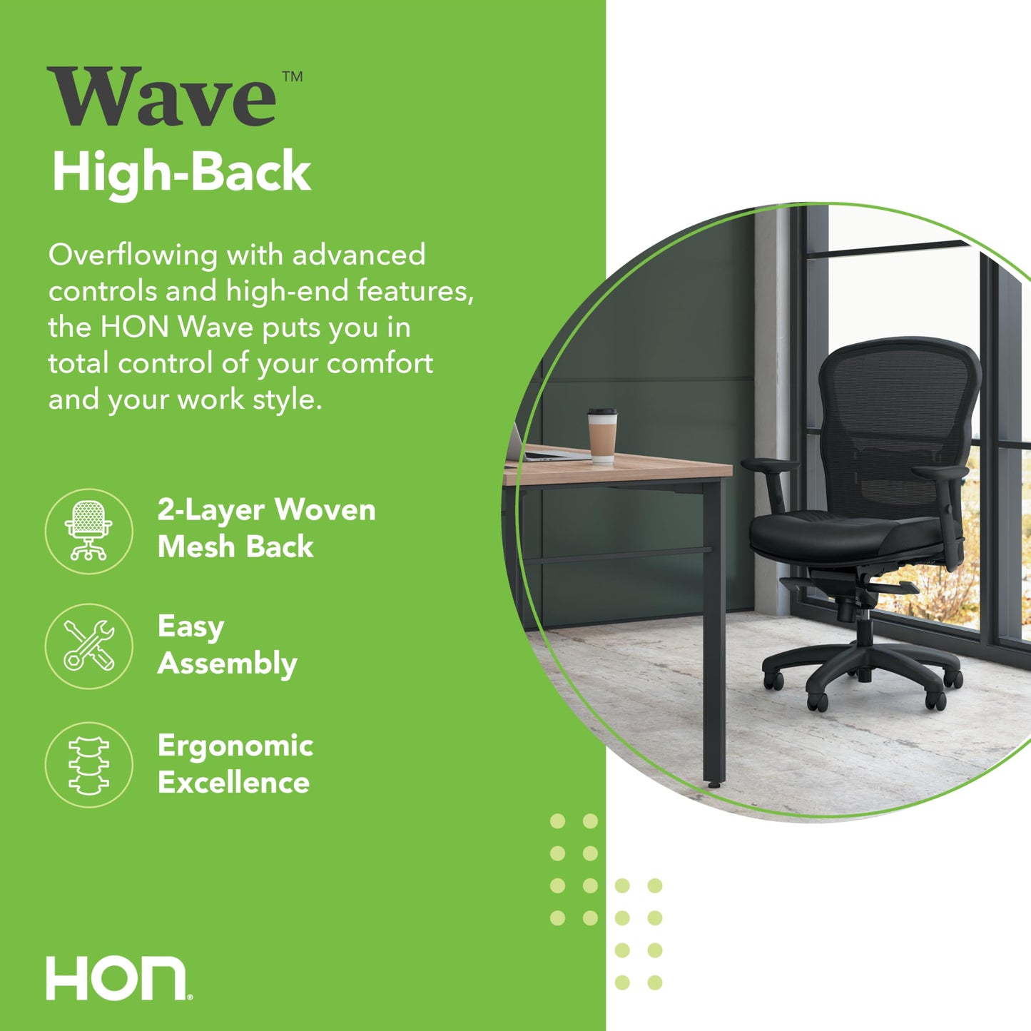 HON Wave High Back Ergonomic Office Chair with Leather Seat and Breathable Mesh Back, Adjustable Arms, Synchro‑Tilt Recline and Swivel Wheels for Desk and Computer Use, Black