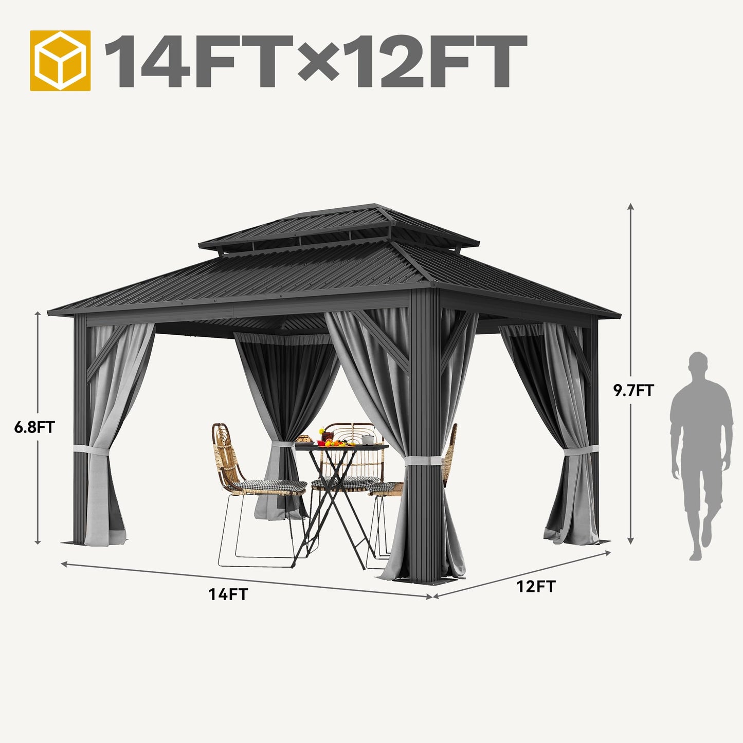 DWVO 12x14ft Hardtop Gazebo Double Roof with Nettings and Curtains, Heavy Duty Galvanized Steel Outdoor Roof for Patio, Backyard, Deck, Lawns, Gray