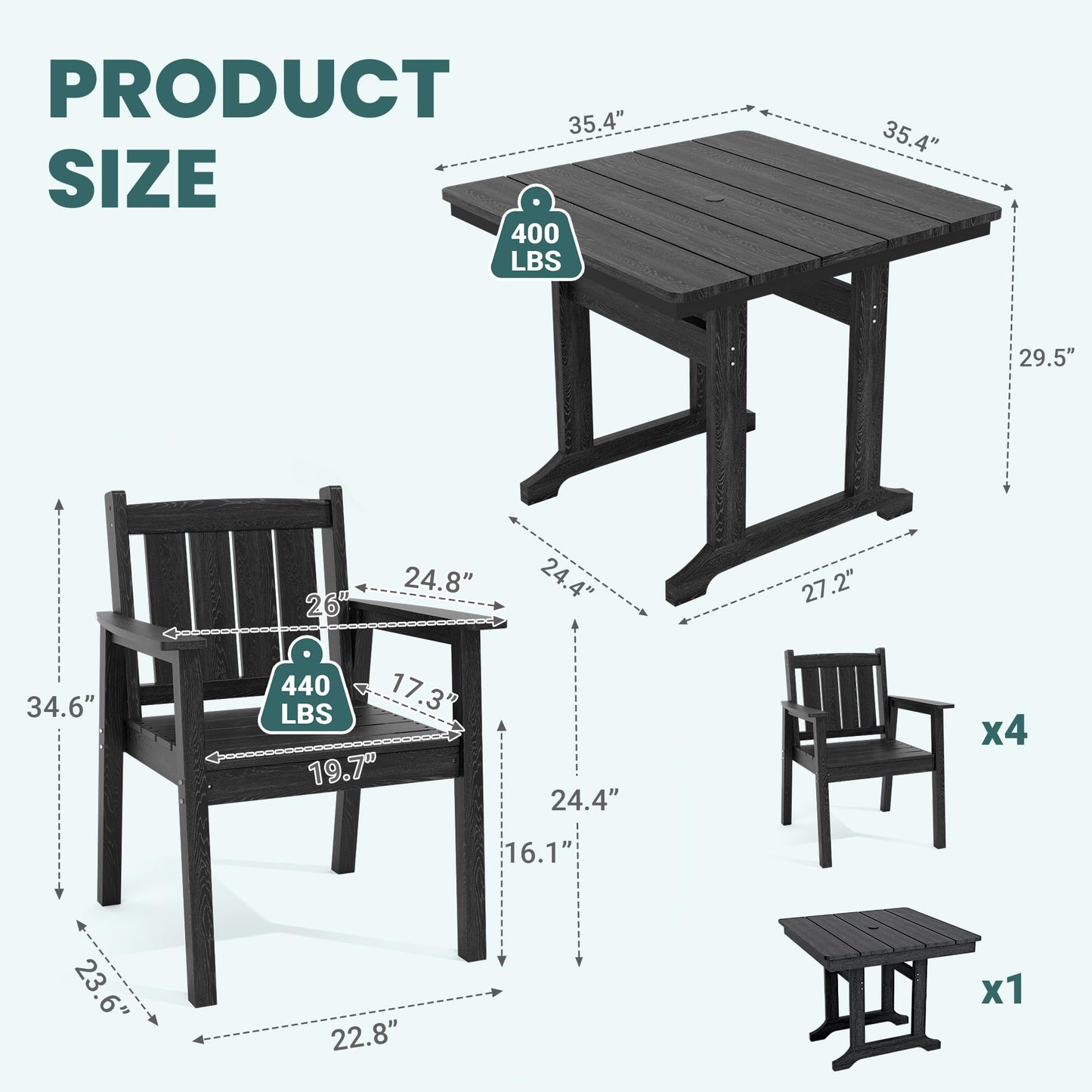 Pamapic 5 PCS Outdoor Dining Set, Spacious HDPE Outdoor Table and Chairs, Wood Grain Patio Furniture Sets with Elegant Armrest, All-Weather Patio Dining Table with Umbrella Hole, Black