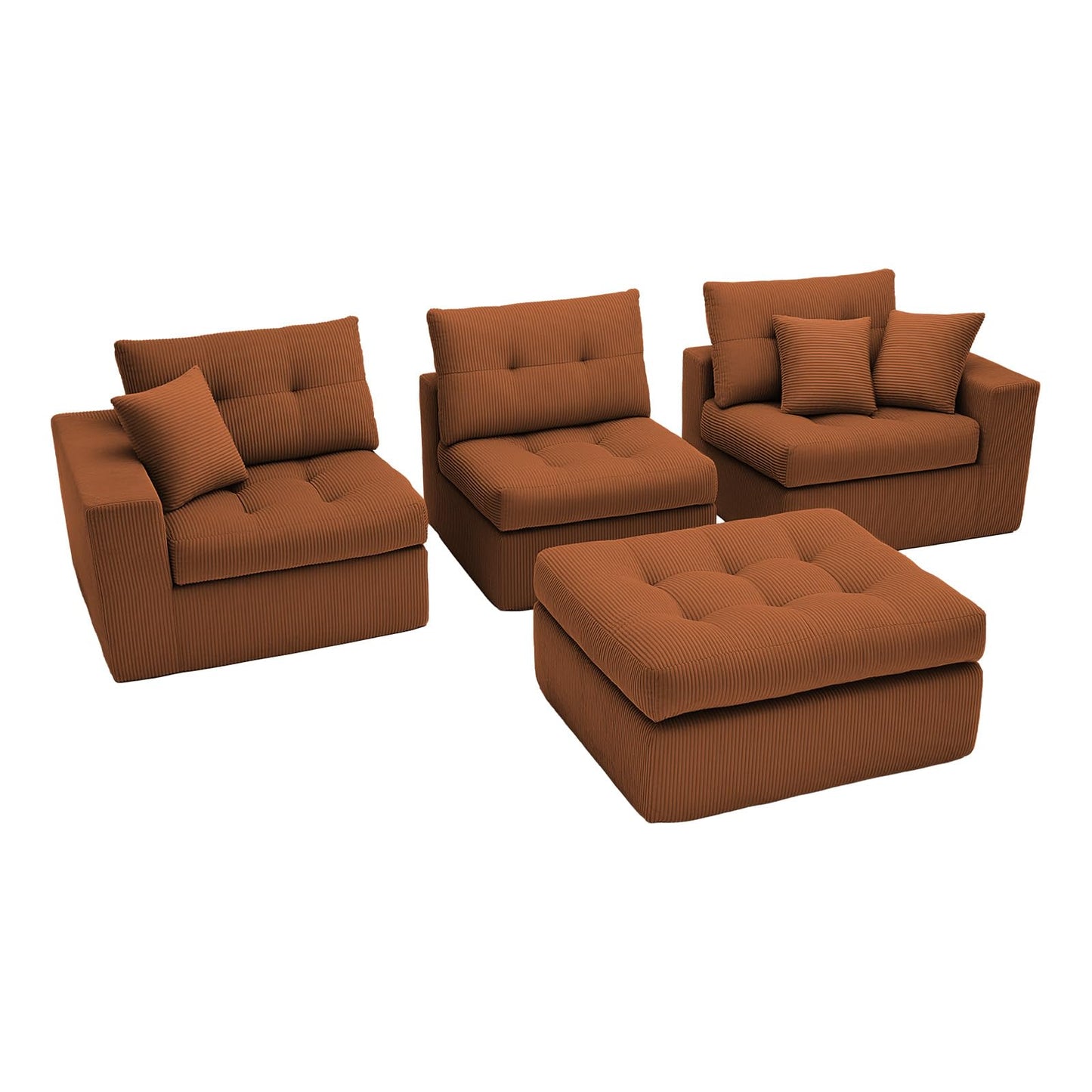 113-Inch L-Shaped Modular Corner Cloud Sofa Corduroy Tufted Foam Sectional with Deep Seat, 4 Pieces Compressed Boneless Sofa Couch with Movable Ottoman & 4 Toss Pillows