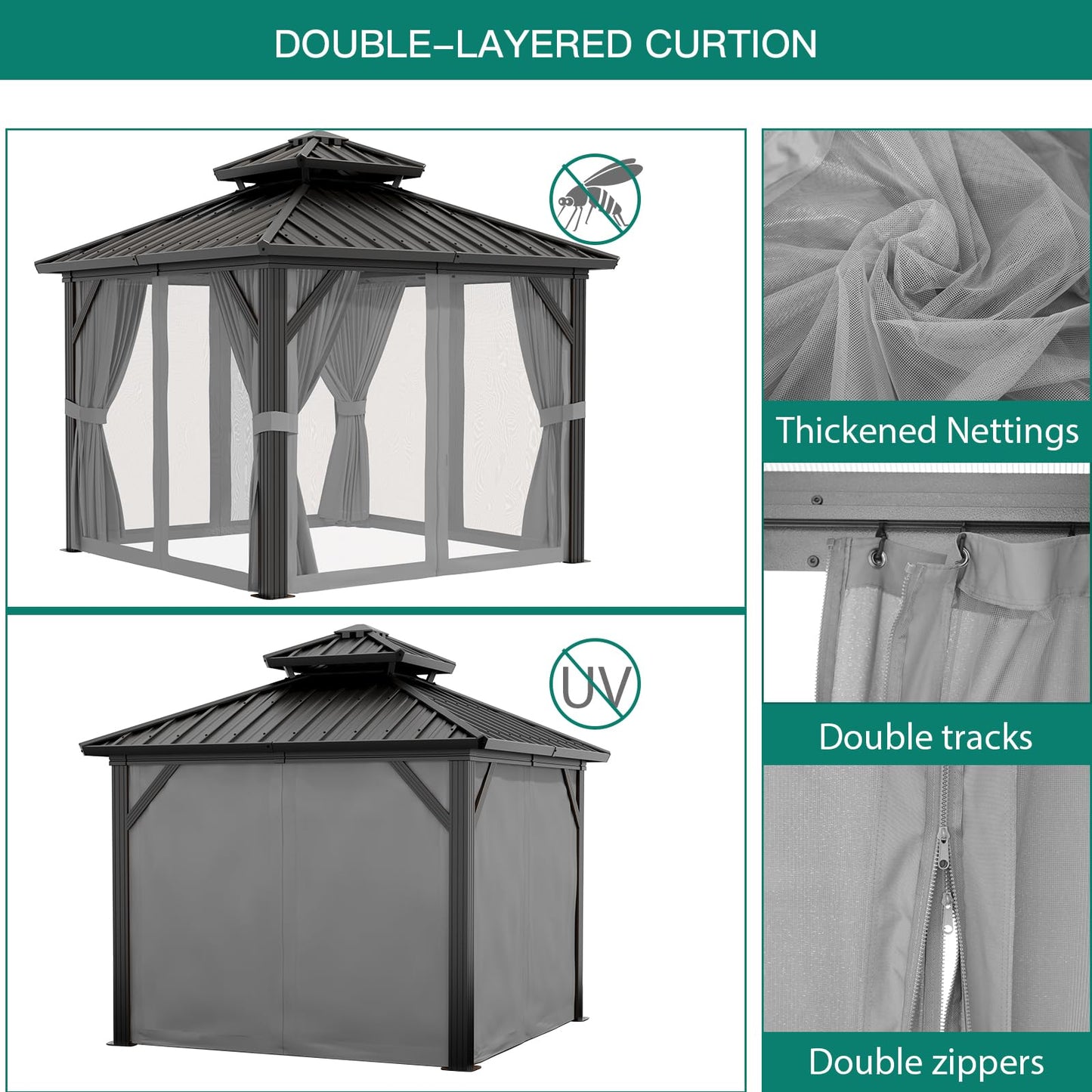 PeakPursuit 10'x10' Hardtop Gazebo, Heavy Duty Aluminum Permanent Hardtop Gazebo Outdoor Pavilion with Curtains and Netting for Garden