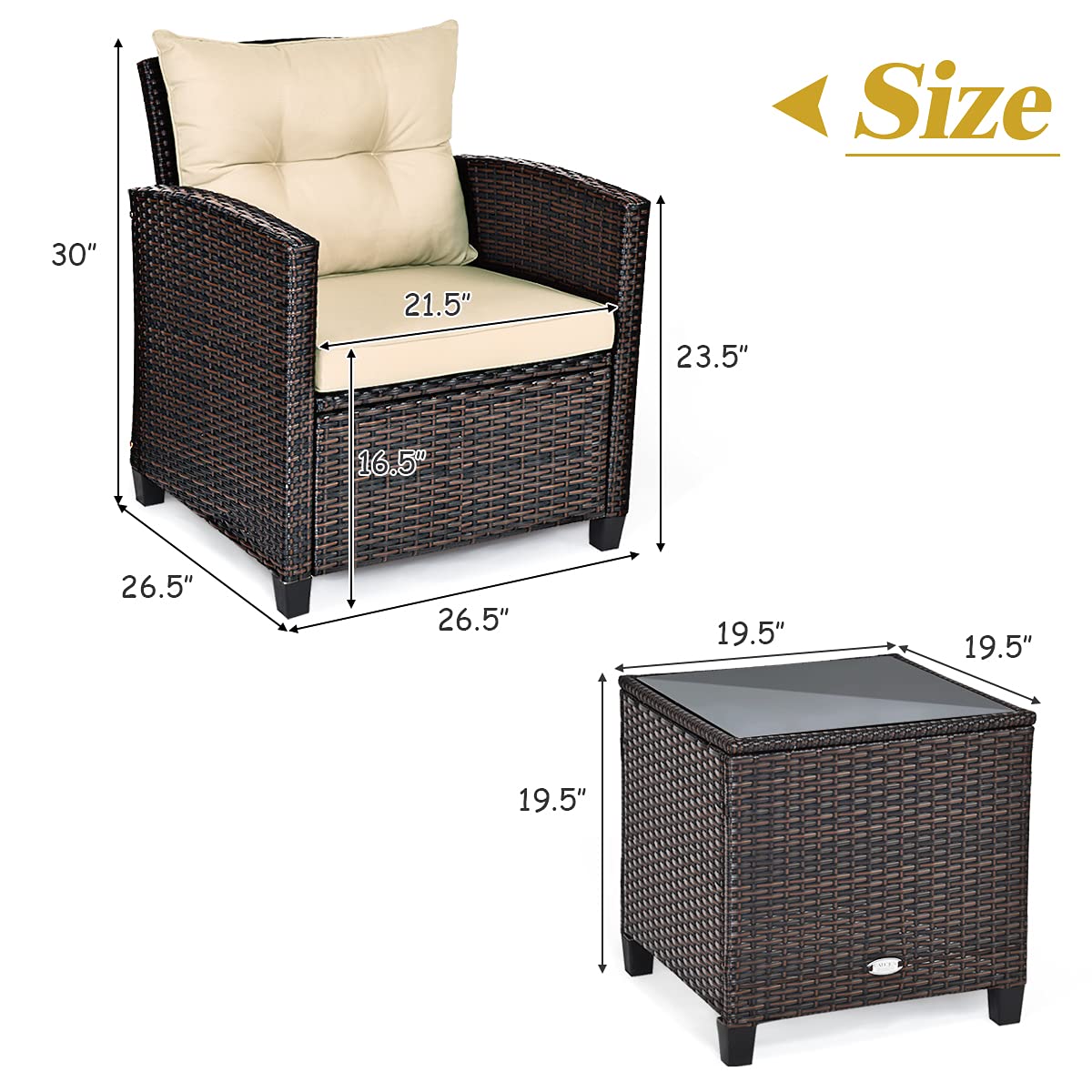AUGESTER 3 PCS Patio Furniture Set, Outdoor PE Rattan Wicker Conversation Sofa Set w/Washable Cushion and Tempered Glass Tabletop, All Weather Chat Sofa for Garden Poolside Balcony Porch (Beige)