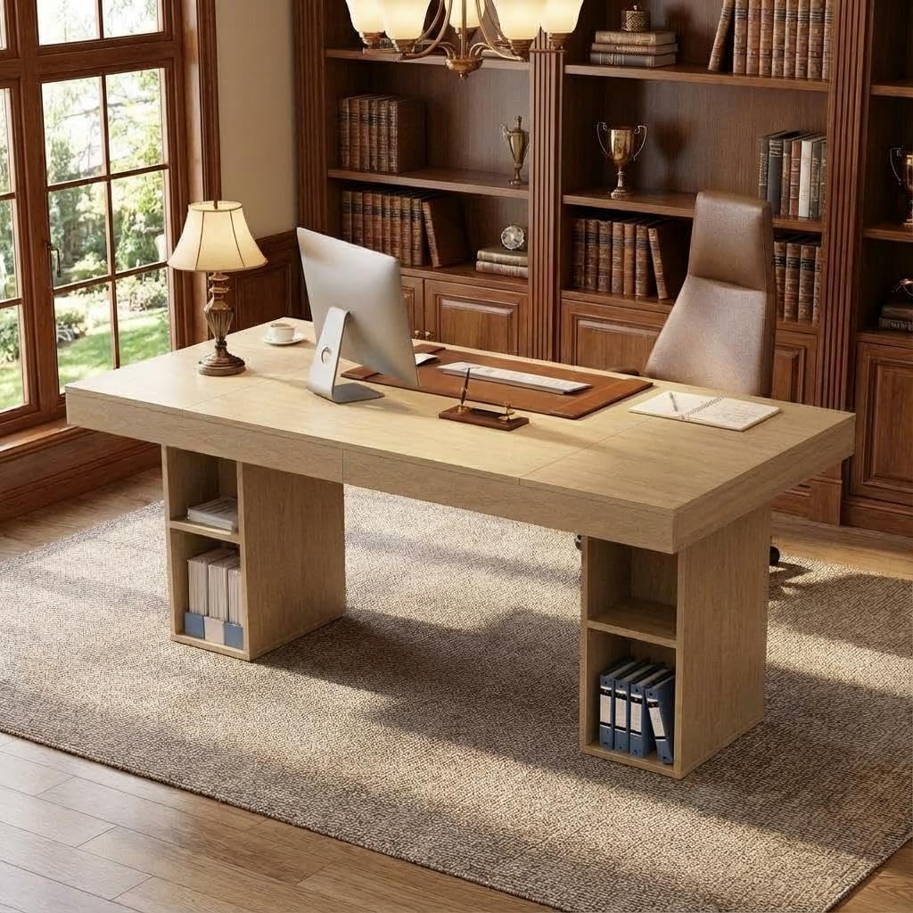 IDEALHOUSE 71” Executive Desk with Cabinet Storage, Farmhouse Home Office Desk, Wooden Computer Desk with Extra Thickened Tabletop & Metal Frame, for Work Study Writing, Oak