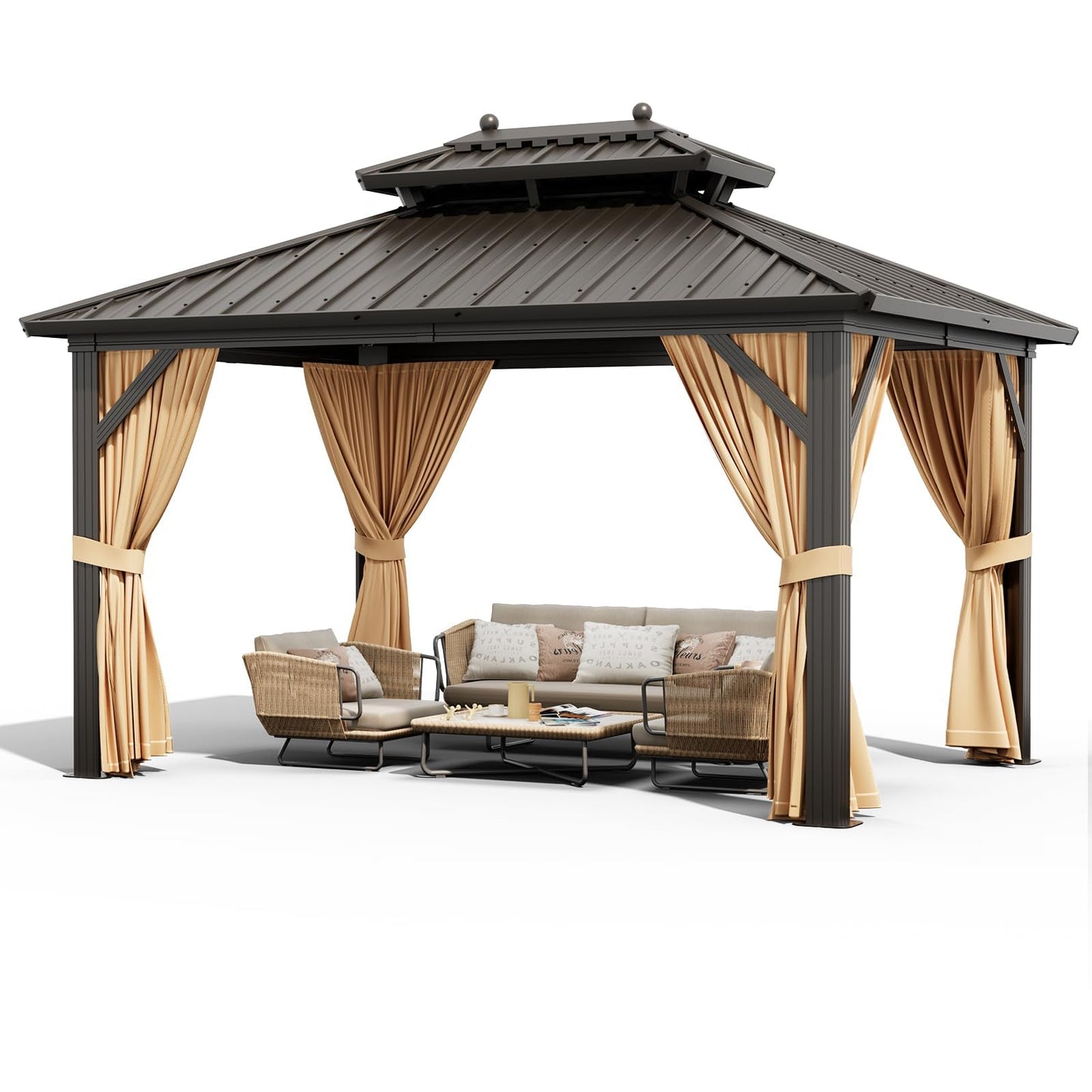 10' x 10' Hardtop Gazebo, Galvanized Steel Double Roof with Curtains & Netting – Sturdy Aluminum Frame Outdoor Patio Gazebo for Garden, Lawn, Deck and Backyard