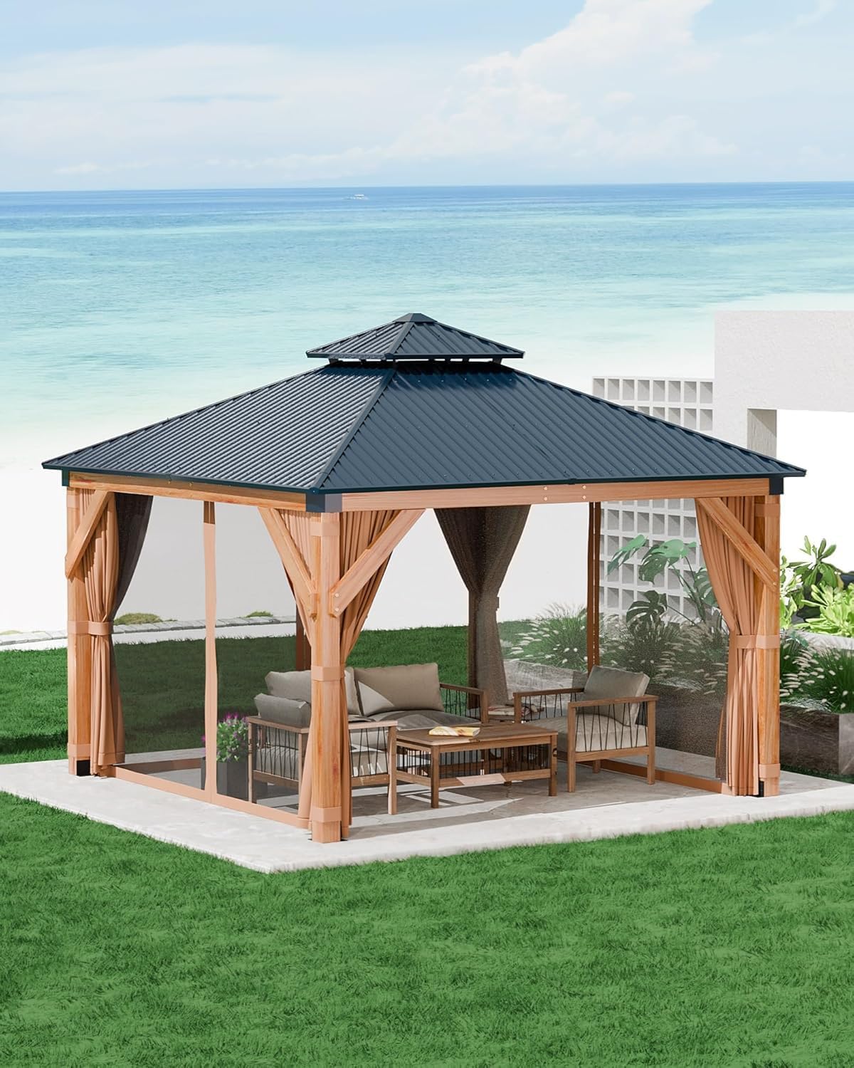 10’X10’ Spruce Wood Hardtop Gazebo with Double Metal Roof, Heavy-Duty 4.7" Poles, Curtains & Netting, All-Weather Outdoor Pavilion for Patio, Deck, Backyard, Lawn, Khaki – Easy Assembly