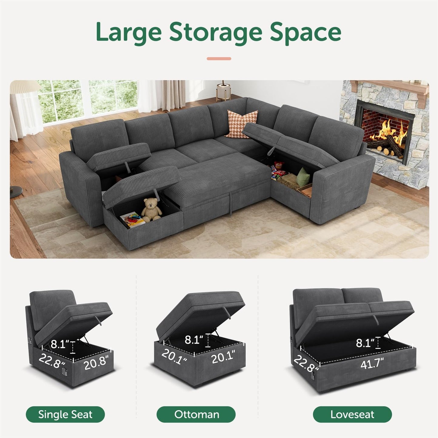 HONBAY Modular Sectional Couch with Pull Out Bed, Corduroy Sleeper Sofa with Storage Ottoman, U Shaped Sectional Couches for Living Room, Dark Grey
