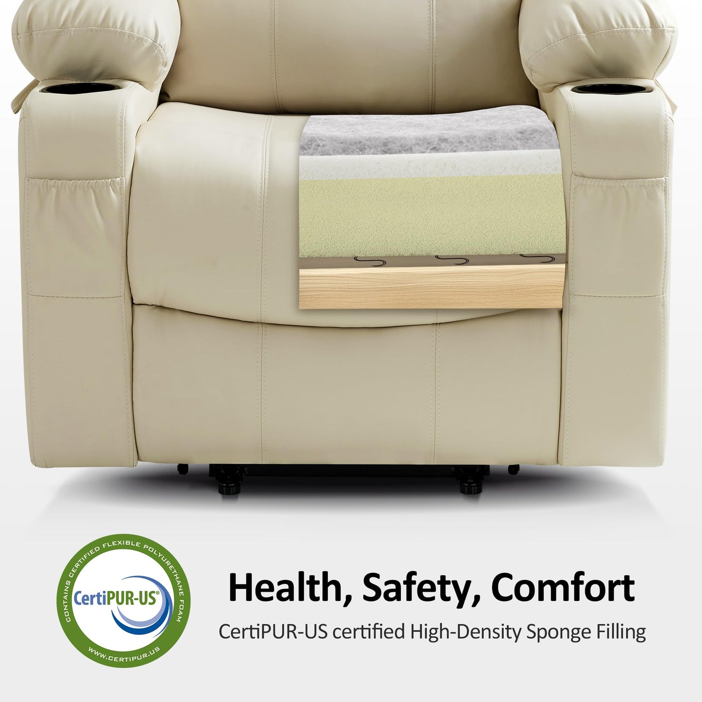 MCombo Power Lift Recliner Chair for Elderly, Lift Chair with Heat and Massage, FSC Certified, USB Ports, Cup Holders, Faux Leather 7040 (Cream White, Medium)