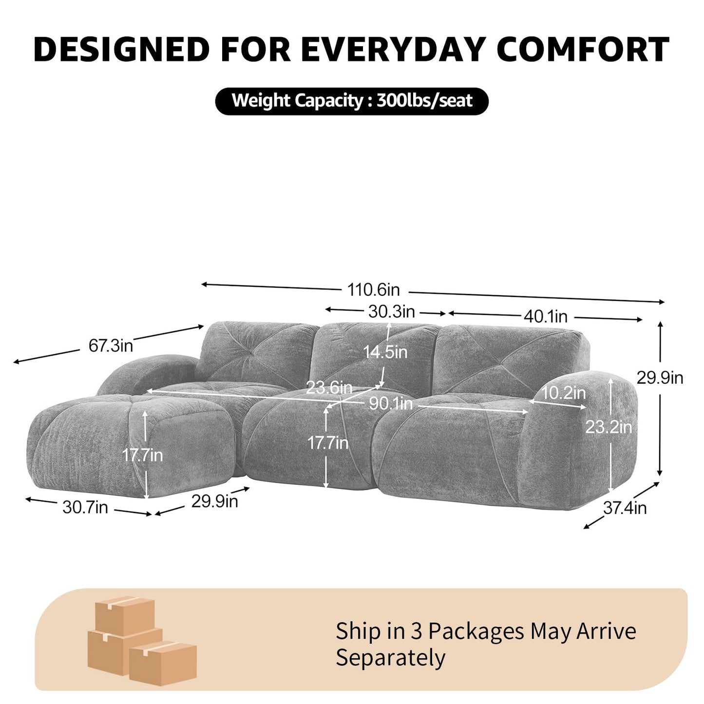 Camel L-Shaped Sectional Couches for Living Room, Velvet Fabric Boneless Couch, No Assembly Cloud Modular Sectional Sofa with 1 Ottoman, Foam Couch Compressed Sofa Set for Apartment, Sofas para Sala