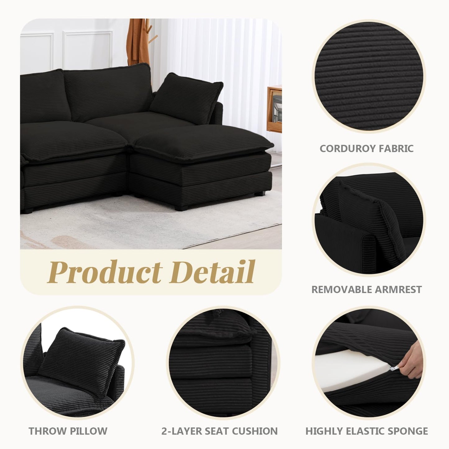 112'' Sectional Modular Cloud Couch, Oversized L Shaped 3 Seat Sofa with Movable Ottomans, 2 Throw Pillows, Upholstered Corduroy L Shape Comfy Deep Couches for Living Room and Office, Black