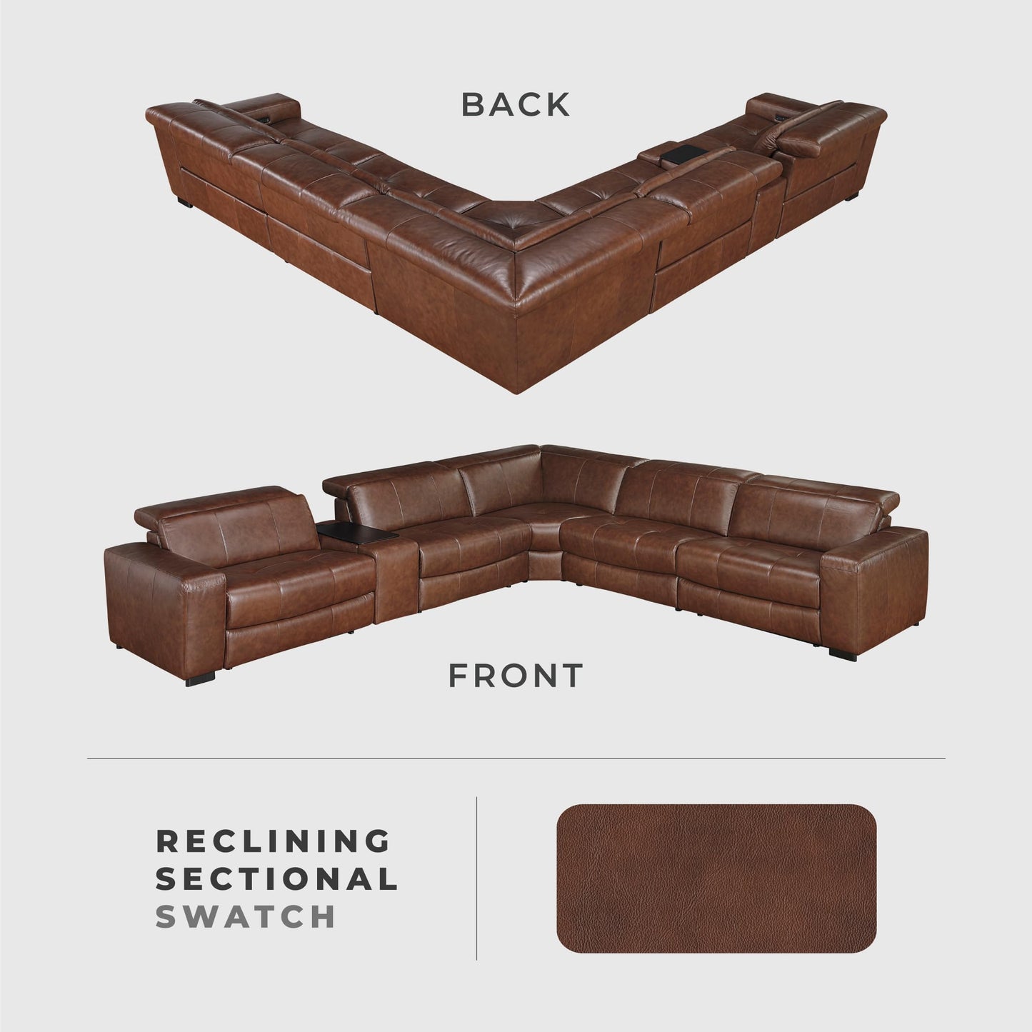 Lexicon Sectional Couches for Living Room-Modular Sectional Sofa, 5 Seater L Shaped Couch, Storage Console, Power Headrests, Charging Ports, 3 Wall Hugger Recliner Seats, Top Grain Leather Brown