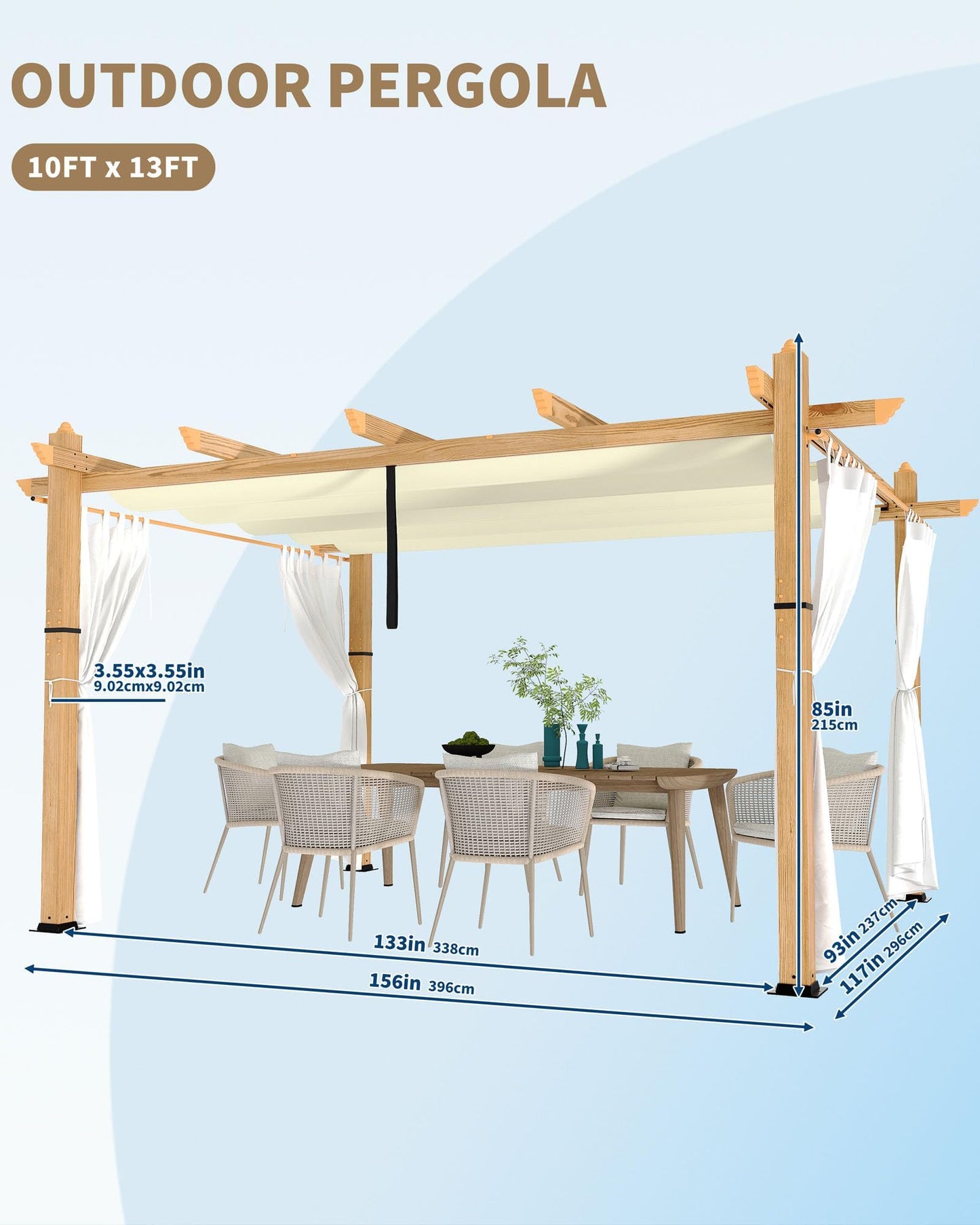 KYBOLT 10x13 Ft Outdoor Pergola with Retractable Canopy Aluminum Gazebo Imitation Wood-Grain Post with Side Mesh Screen Pavilion for Backyard Deck(Beige+White)
