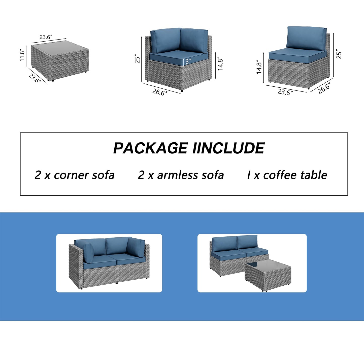 Shintenchi 5 Pieces Outdoor Patio Furniture Sets, Patio Sectional Sofa Couch, Gray PE Wicker Furniture Modular Patio Conversation Sets Patio Sofa with Washable Cushions & Table（Aegean Blue）