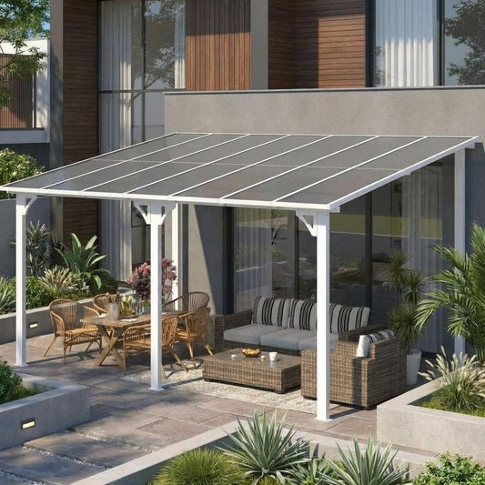 10'X20' Hardtop Wall Mounted Gazebo with Gutters & Galvanized Steel Roof, 60MPH Wind Resistance, Lean to Gazebo Pergola with Sloped Roof for Deck, Porch, Backyard and More, White